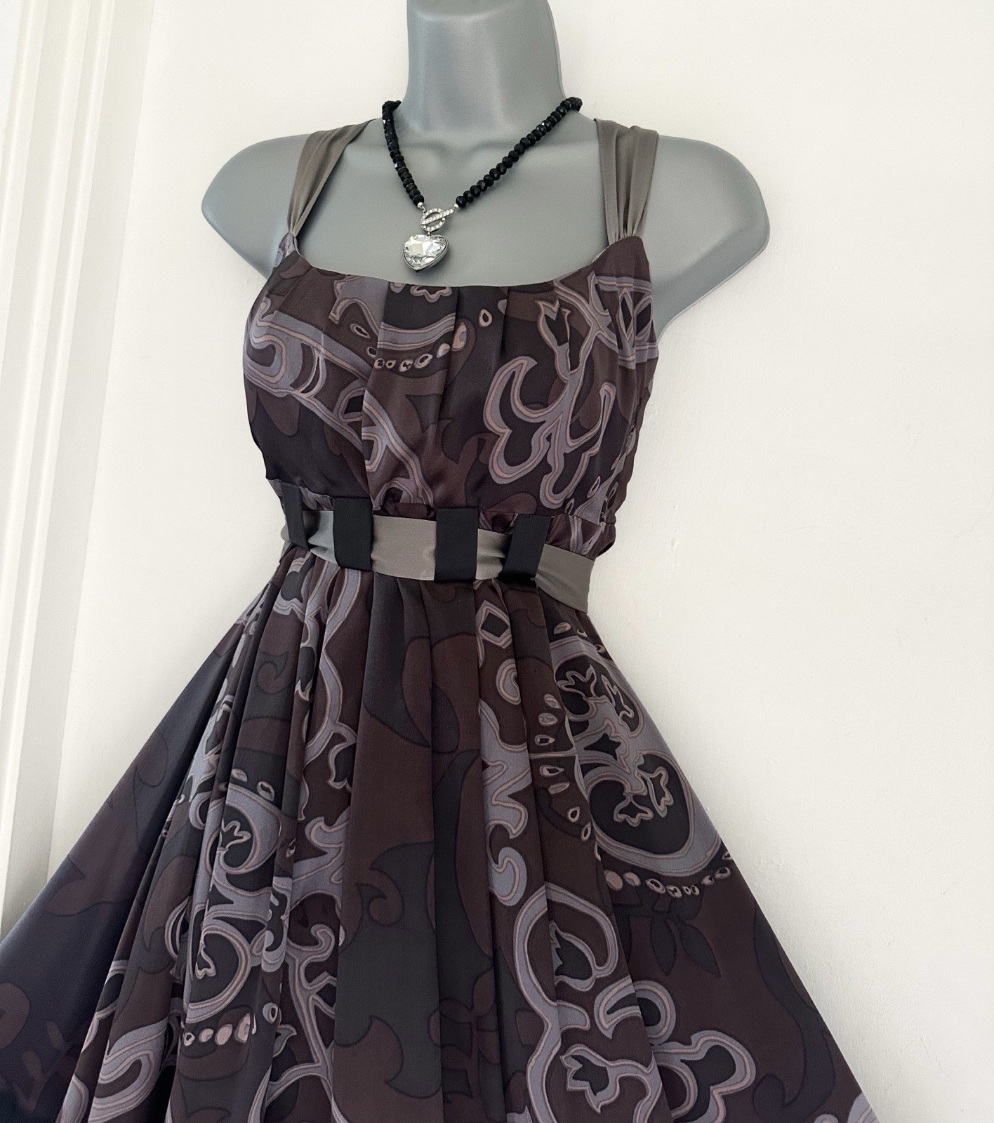 Mink Bikini 100% silk grey/brown printed belted occasion knee length dress 12