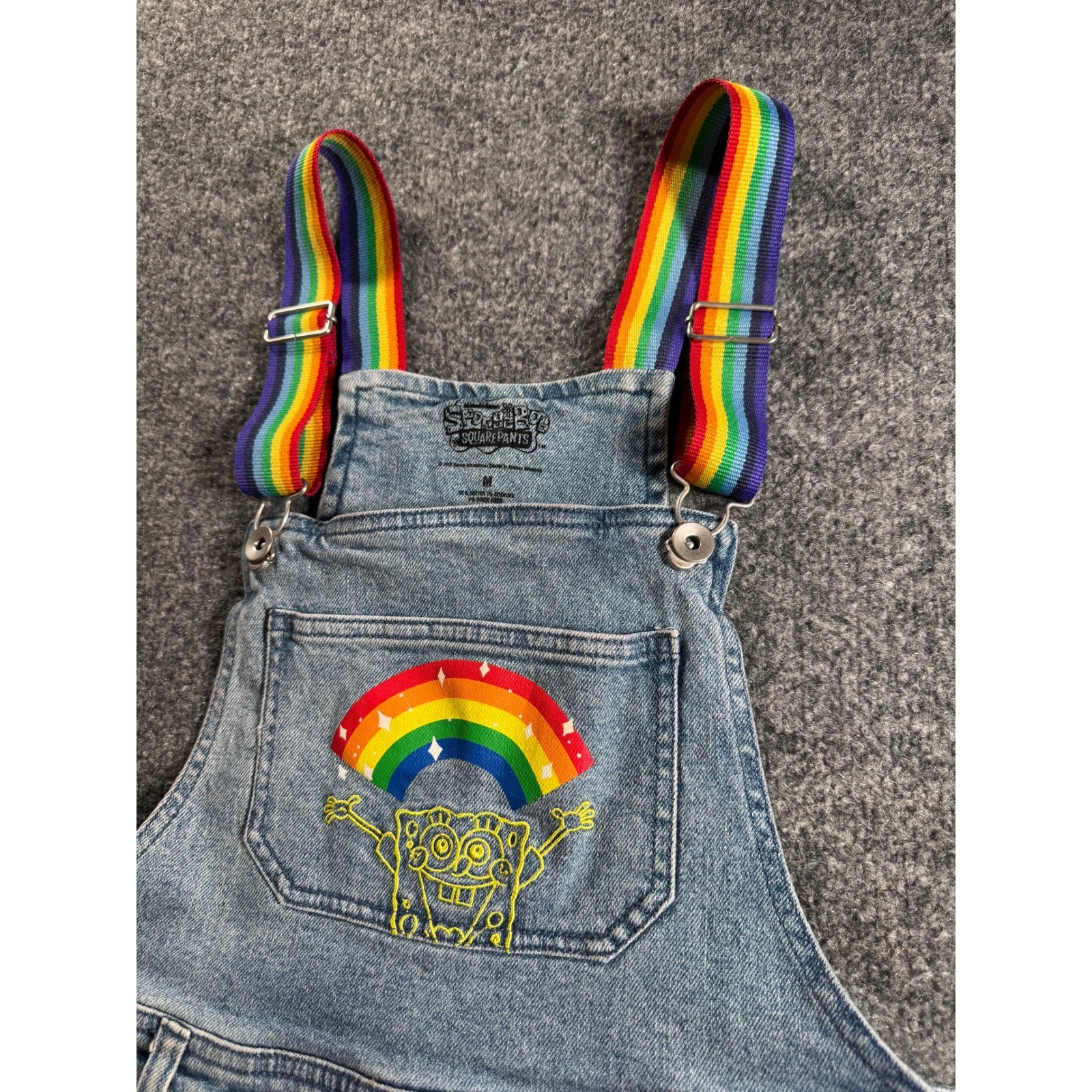 SpongeBob SquarePants Rainbow Denim Overall Dress Womens Medium Light Wash Blue