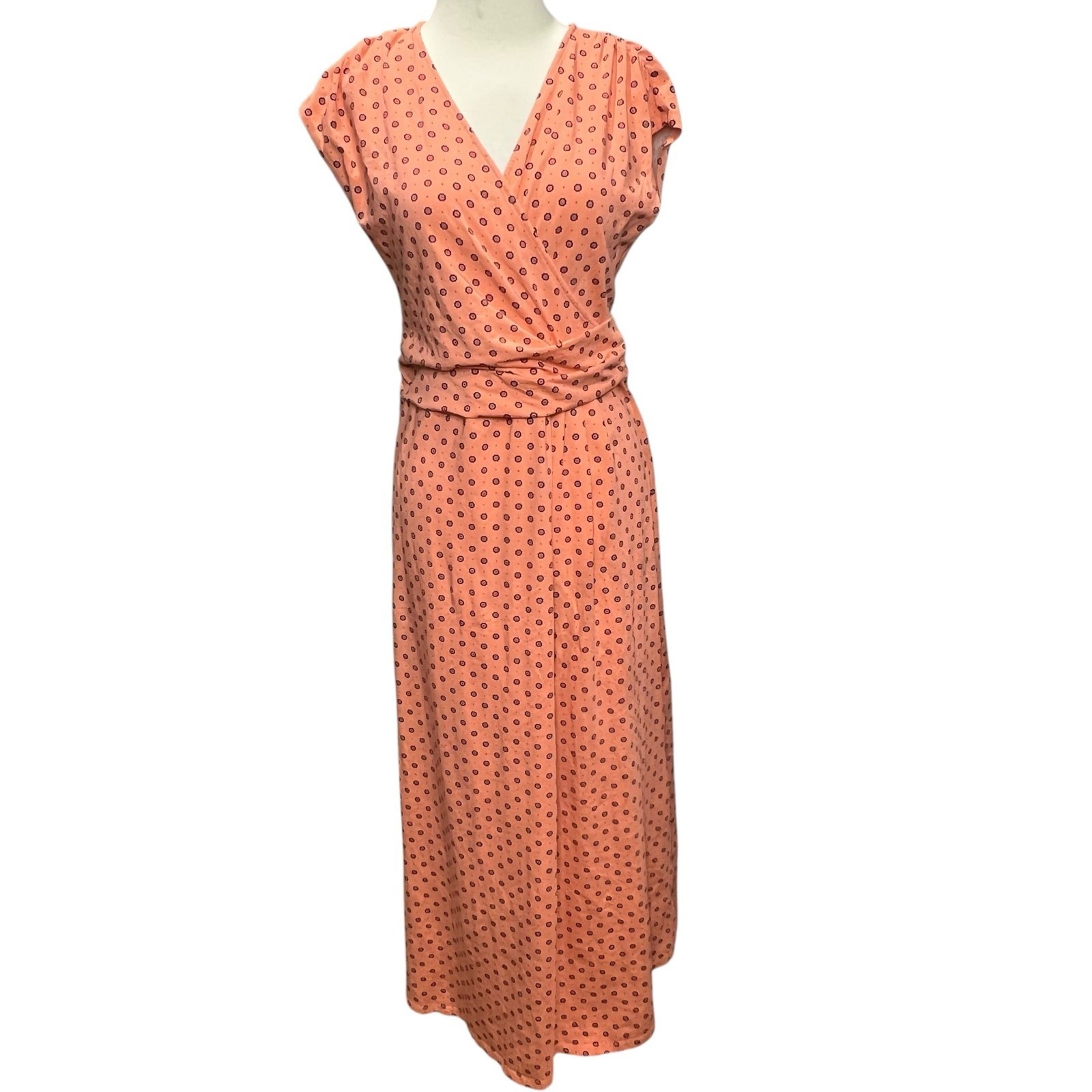 Lands End Maxi Dress Womens S Orange Cotton Modal Jersey Twist Wrap Ditsy Floral
