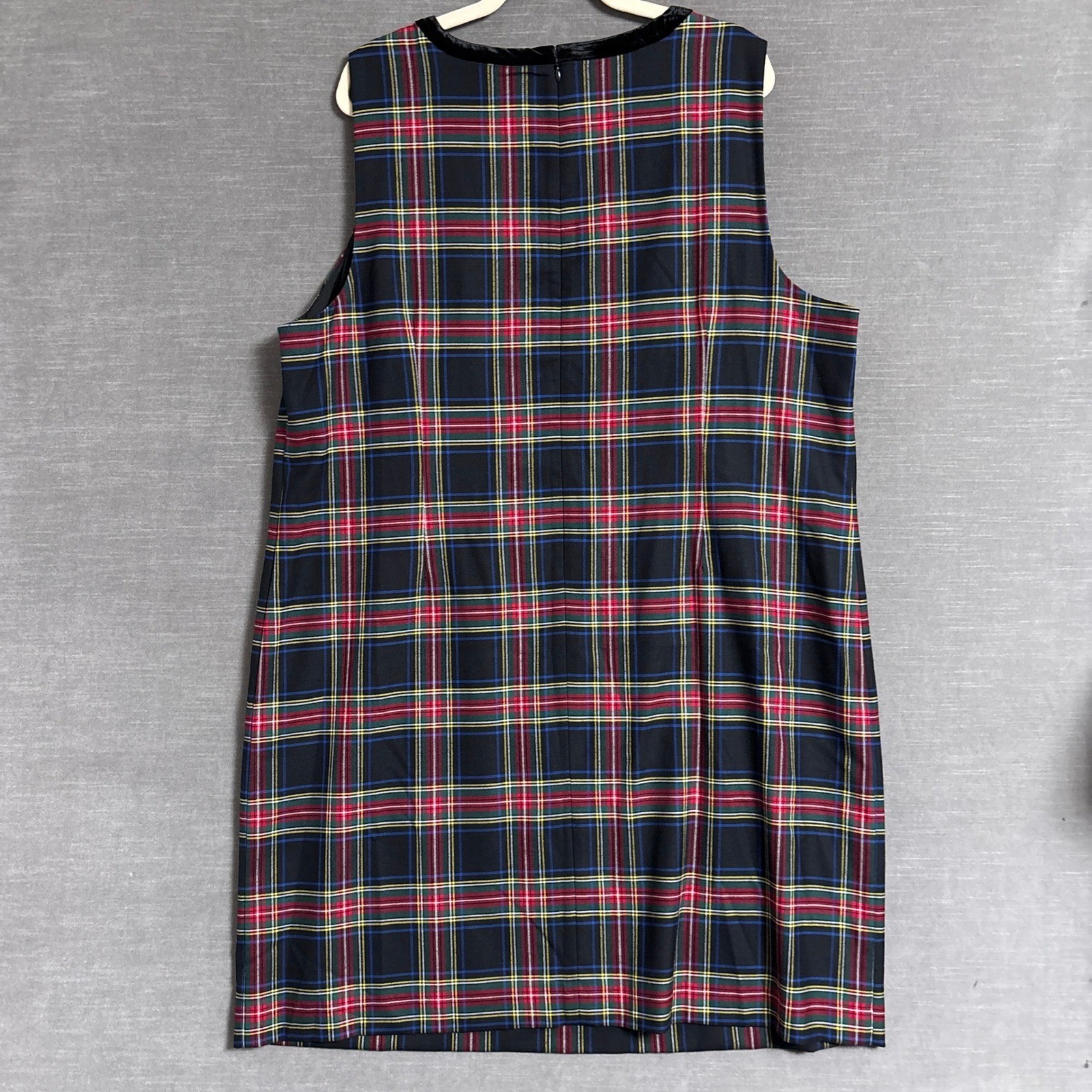 Talbots Dress 18W Plus Plaid Wool Sheath Shift Holiday Christmas Velvet Trim