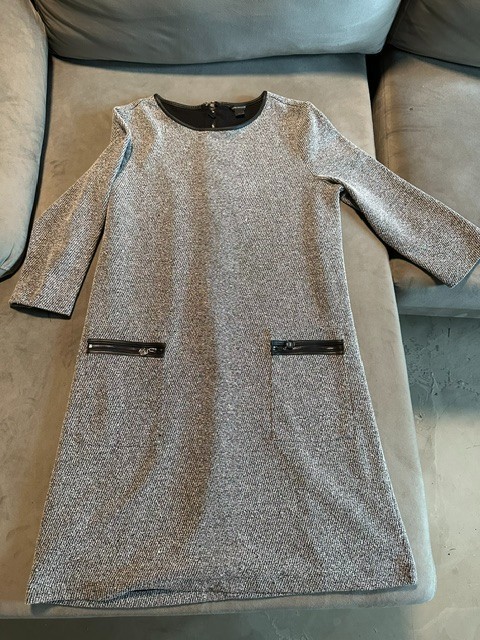 Ann Taylor Womens S Grey Shift Dress Faux Leather Trim 3/4 Sleeve Textured Knit
