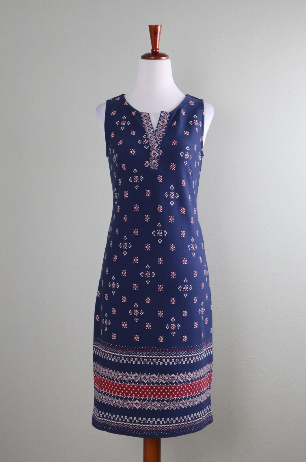 TALBOTS NWT $99 Navy Stretch V-Neck Border Hem Printed Tank Dress Size Petite