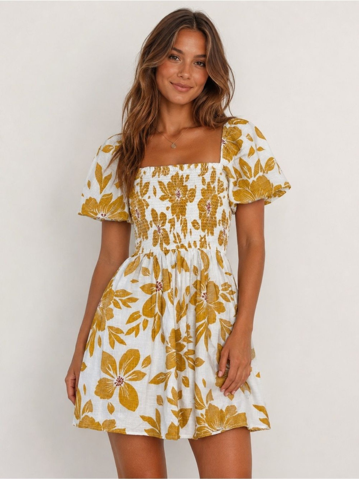 Rip Curl Mustard Floral Smocked Mini Dress | Size M