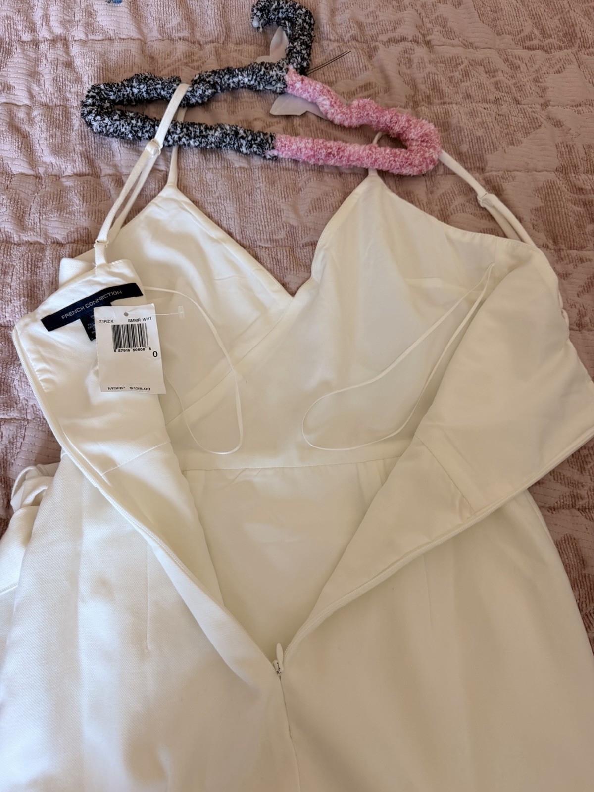 French Connection White Satin Wrap Mini Dress Sz 0 V-Neck Bow Zip Straps