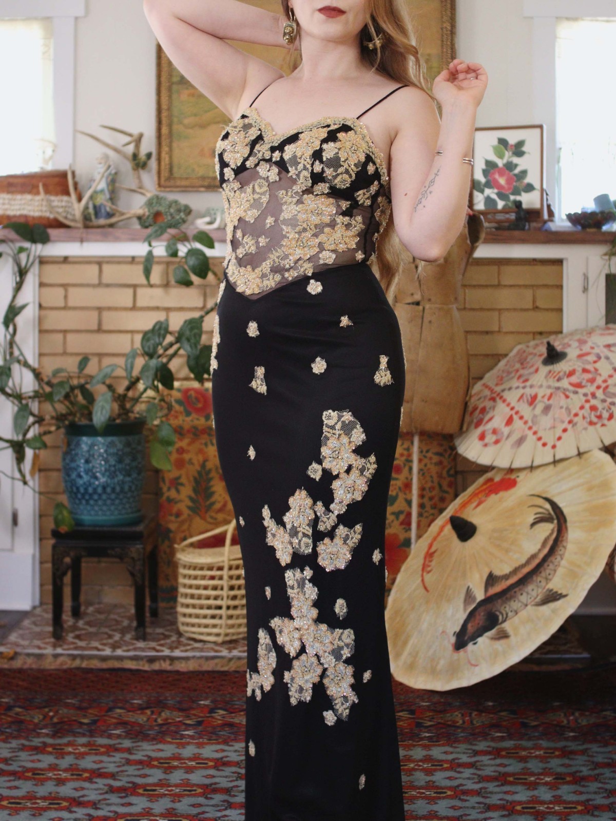 Y2K Cassandra Stone Dress Sheer Black Mesh Champagne Gold Lace Prom Dress 2000s