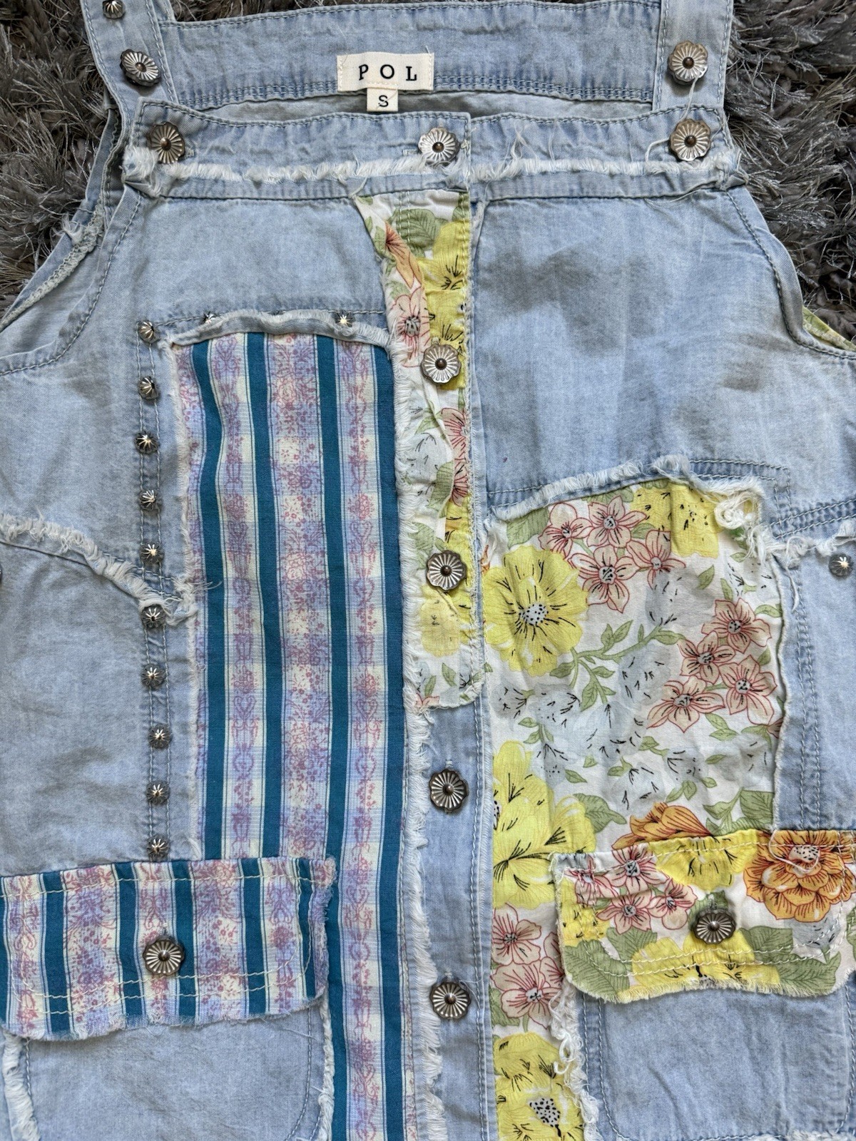 New POL Floral Patchwork Light Denim Jean Summer Dress Sz Small Studded Sold Out