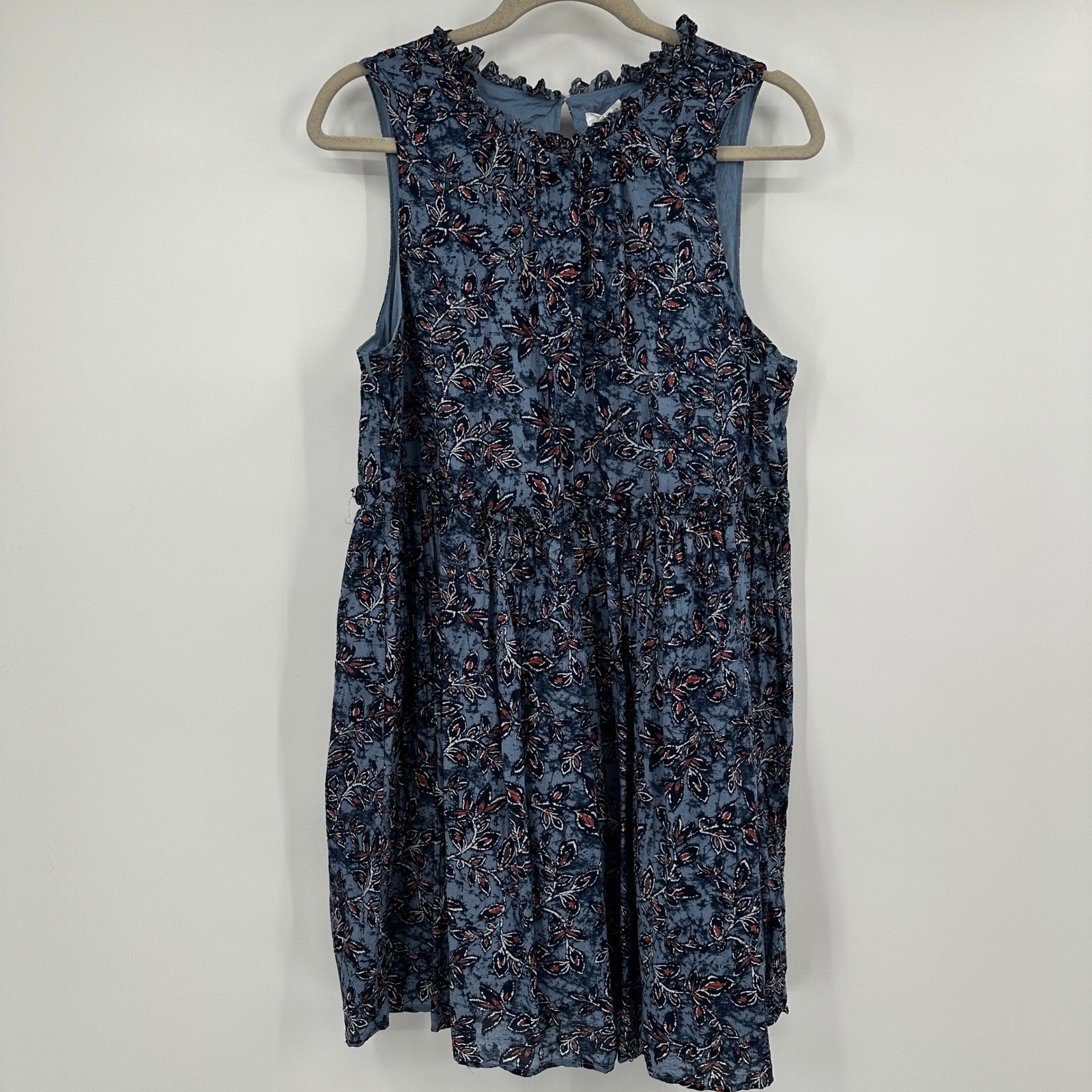 Lucky Brand Blue Floral Ruffle Neck Sleeveless Babydoll Mini Dress Large Cottage