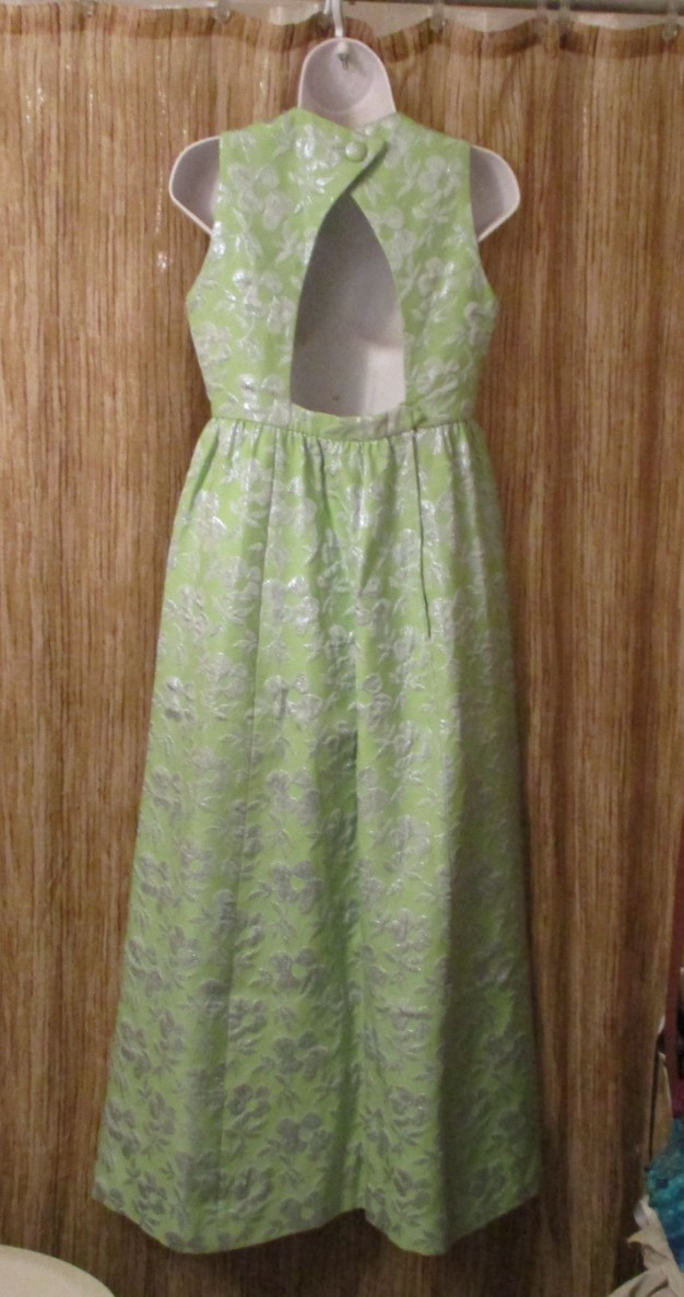 Lime Green & Silver metallic Brocade GOWN DRESS custom S M vintage 1960s