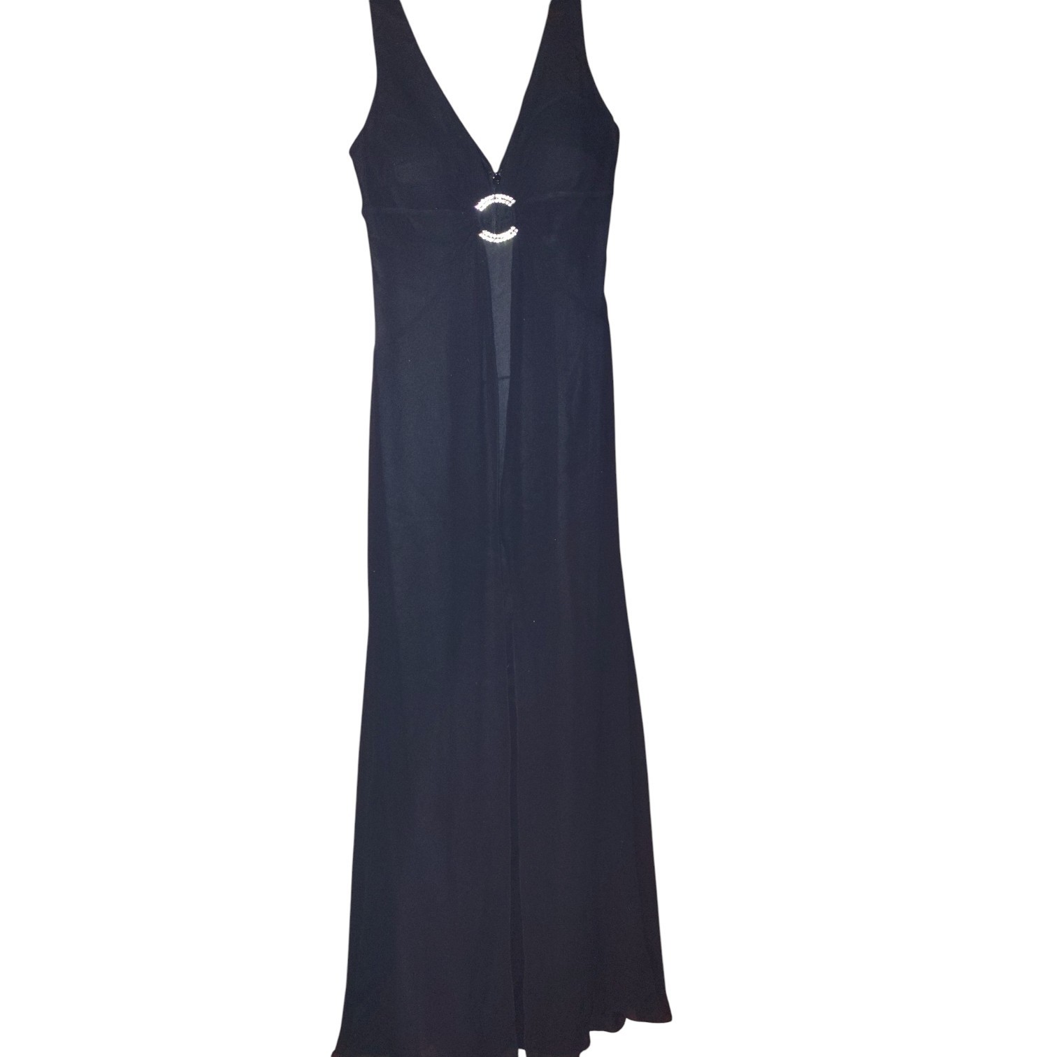 Lillie Rubin Black Silk Formal Gown, Rhinestone Buckle V-Neck Sleeveless