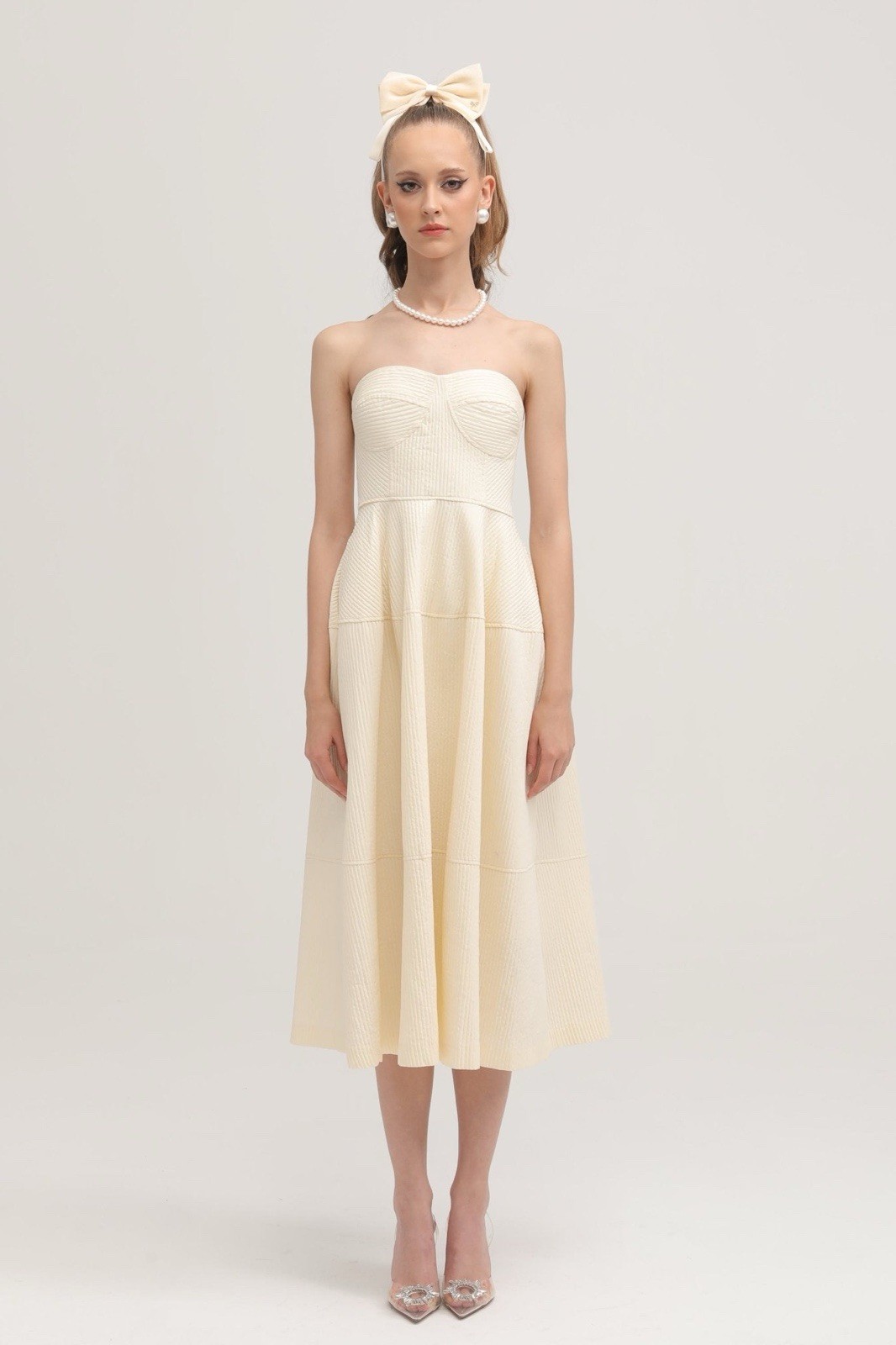 NWT MISS ROSIER Size L Neutrals Cortny Bustier style Pleated Midi Dress POCKETS