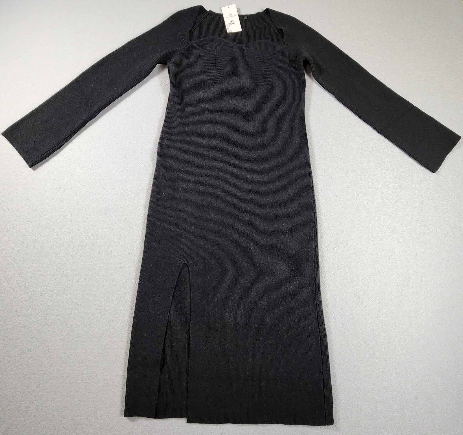 Lillusory Sweater Dress Womens Large Black Ribbed Knit Midi Bodycon Sweetheart