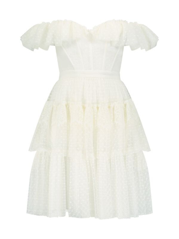 BCBGMAXAZRIA Mini Dress Women 6 White Tiered Ruffle Hem Off the Shoulder ERK1425