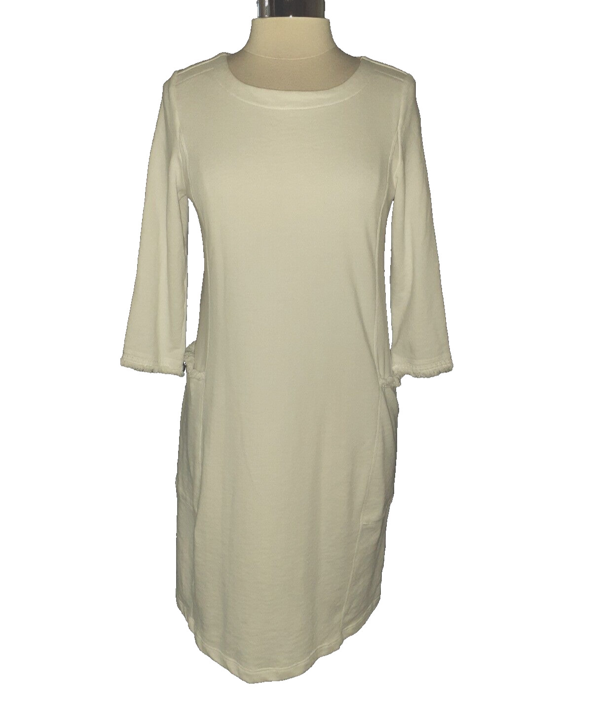 SUSAN GRAVER Size S Shift Dress White French Terry 3/4 Sleeve