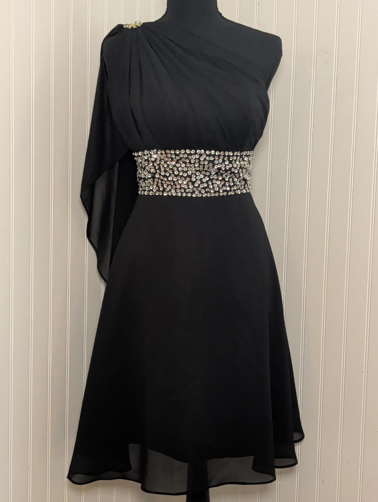Vintage Elegant Black One-Shoulder Dress with Rhinestone Sequins Waist Size 4/6