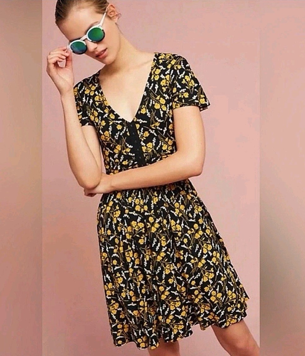 Anthropologie Maeve Paris Summer Breeze Midi Dress Yellow Floral Hook & Eye