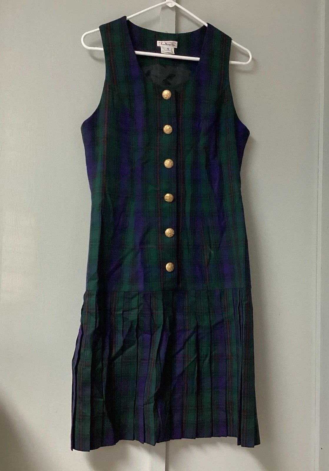 Vintage 90s Y2K Talbots Green Plaid Pleated Overall Dress Size 4 Academia Wool