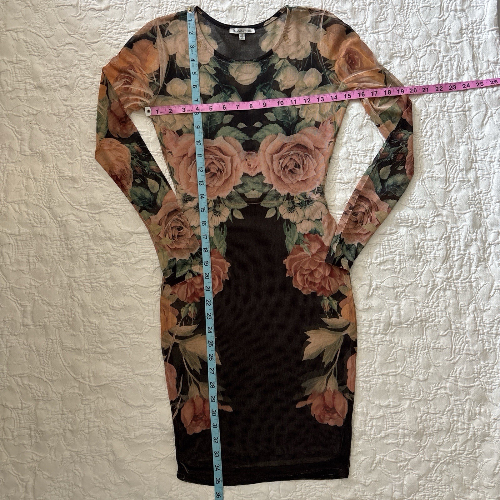 Mesh Bodycon Dress Long Sleeve Stretch Rose Sheer Top S Y2K Charlotte Russe