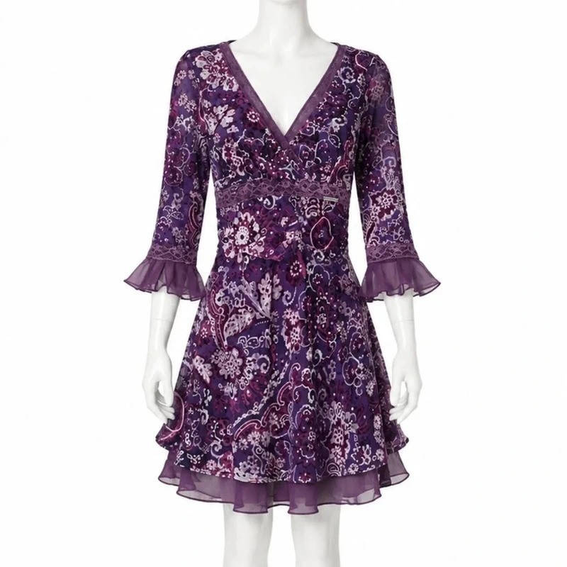 John Galliano Purple Velvet Burnout Floral Mini Dress Size IT 40 / UK 8