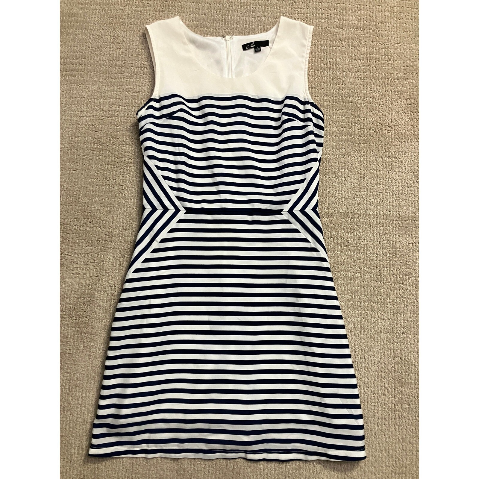 C. Luce Striped Dress Sleeveless White Navy Blue Fitted Casual Size S