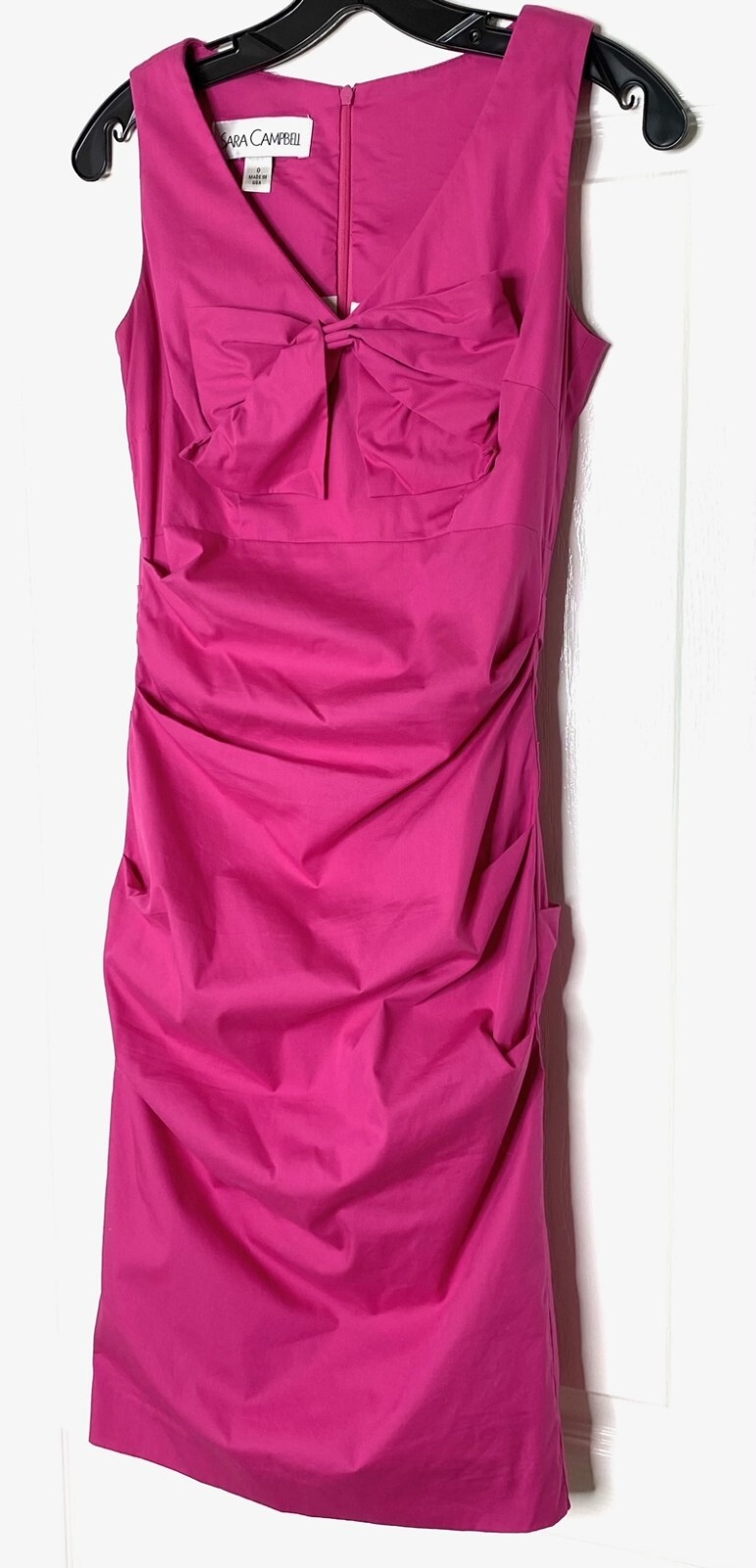 SARA CAMPBELL Fuchsia Pink Barbie Ruched Pleated Bow Cocktail Mini Dress 0 = XS
