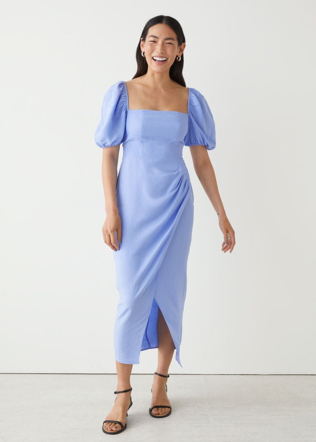 & Other Stories size 10 Fitted Puff sleeve Midi Dress Smocked back Linen blend
