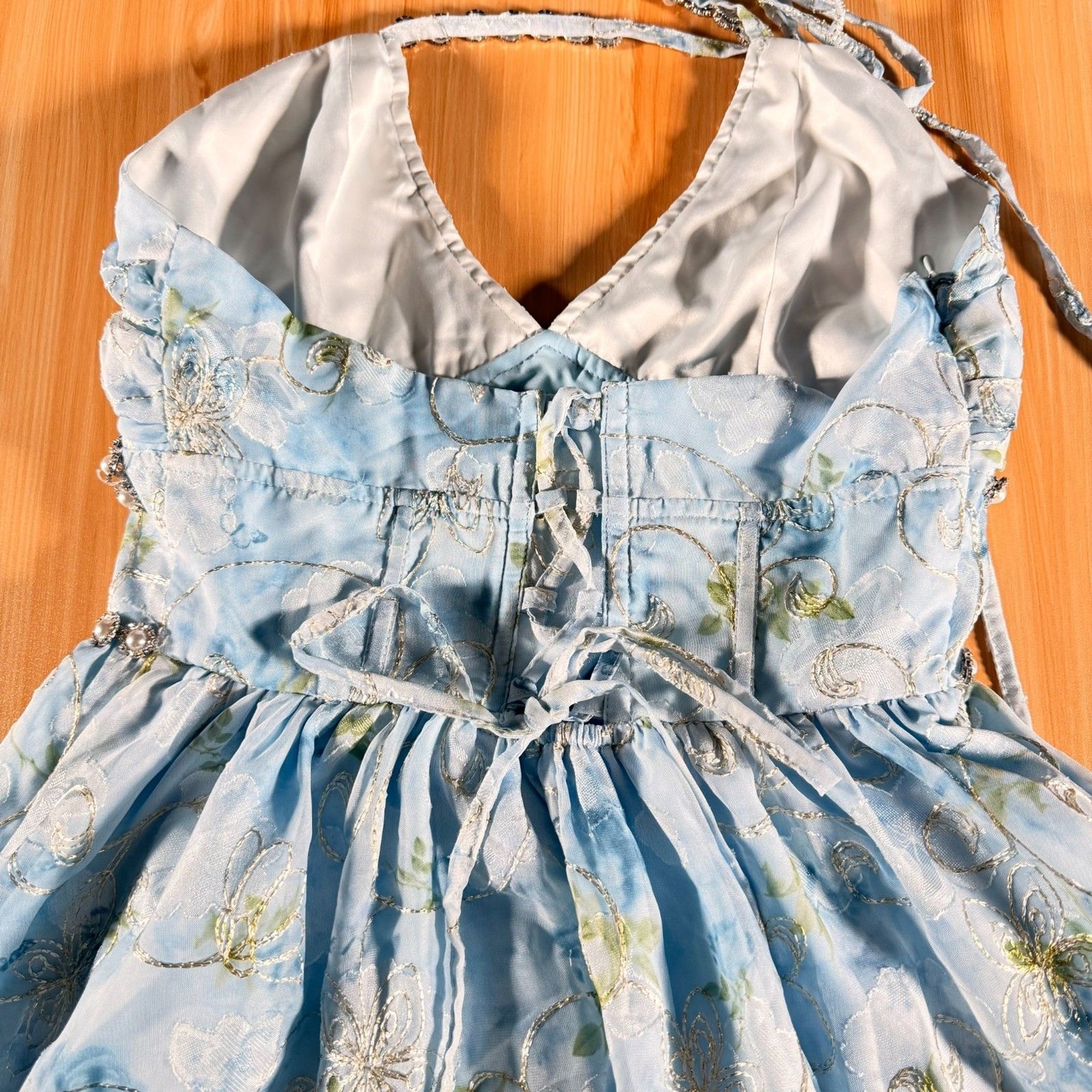 Anewsta Blue Floral Halter Maxi Dress Ruffle Lined Empire Waist NWT