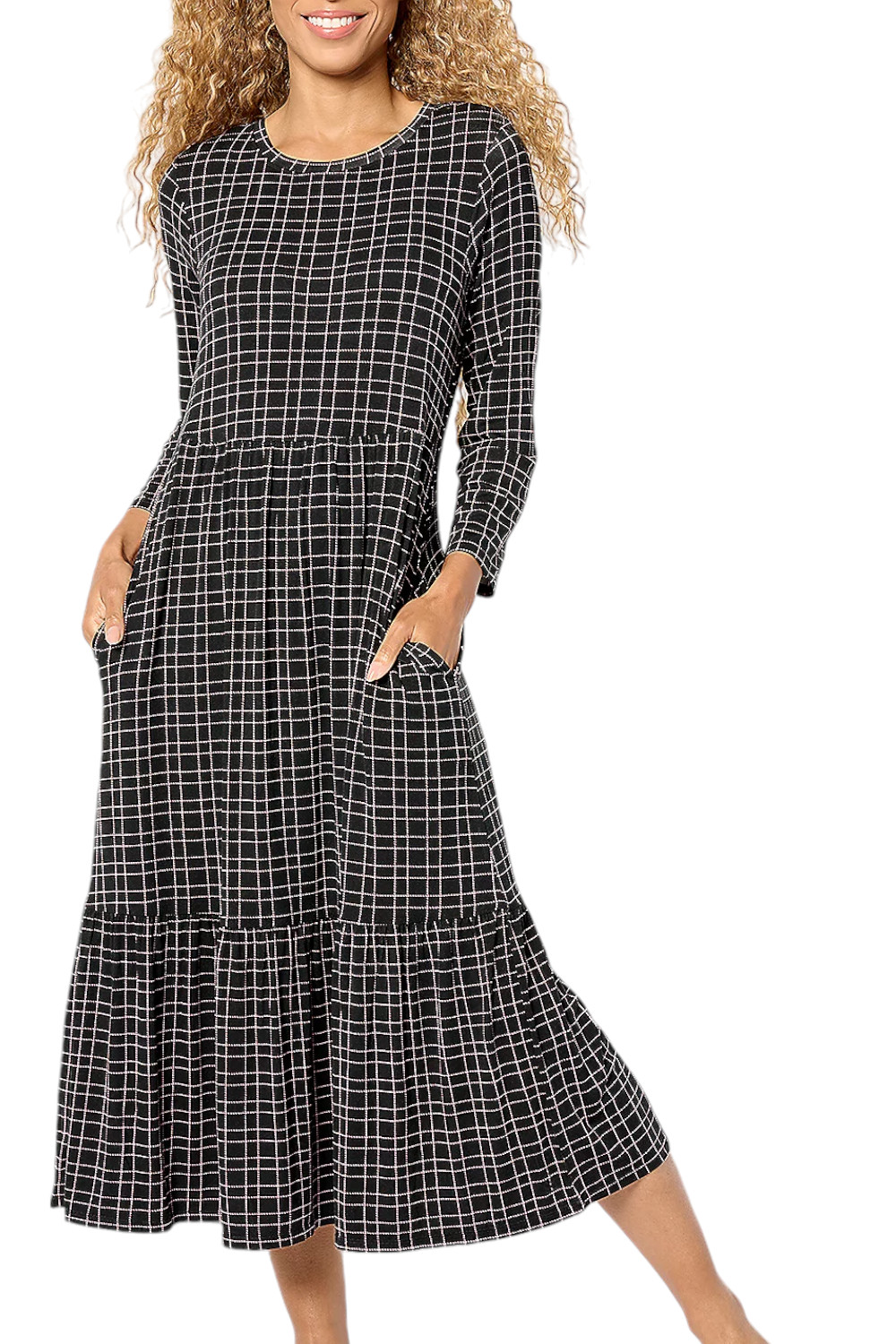 Cuddl Duds Soft Stretch Tiered Lounge Dress Black Plaid