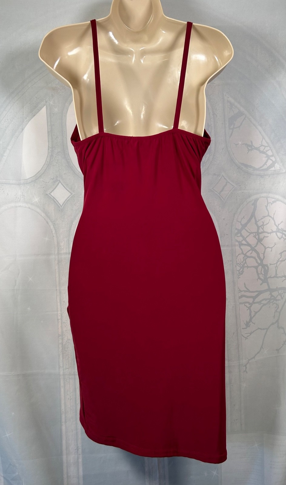 PrettyLittleThing wine red gathered ruched sleeveless stretch bodycon dress, 10