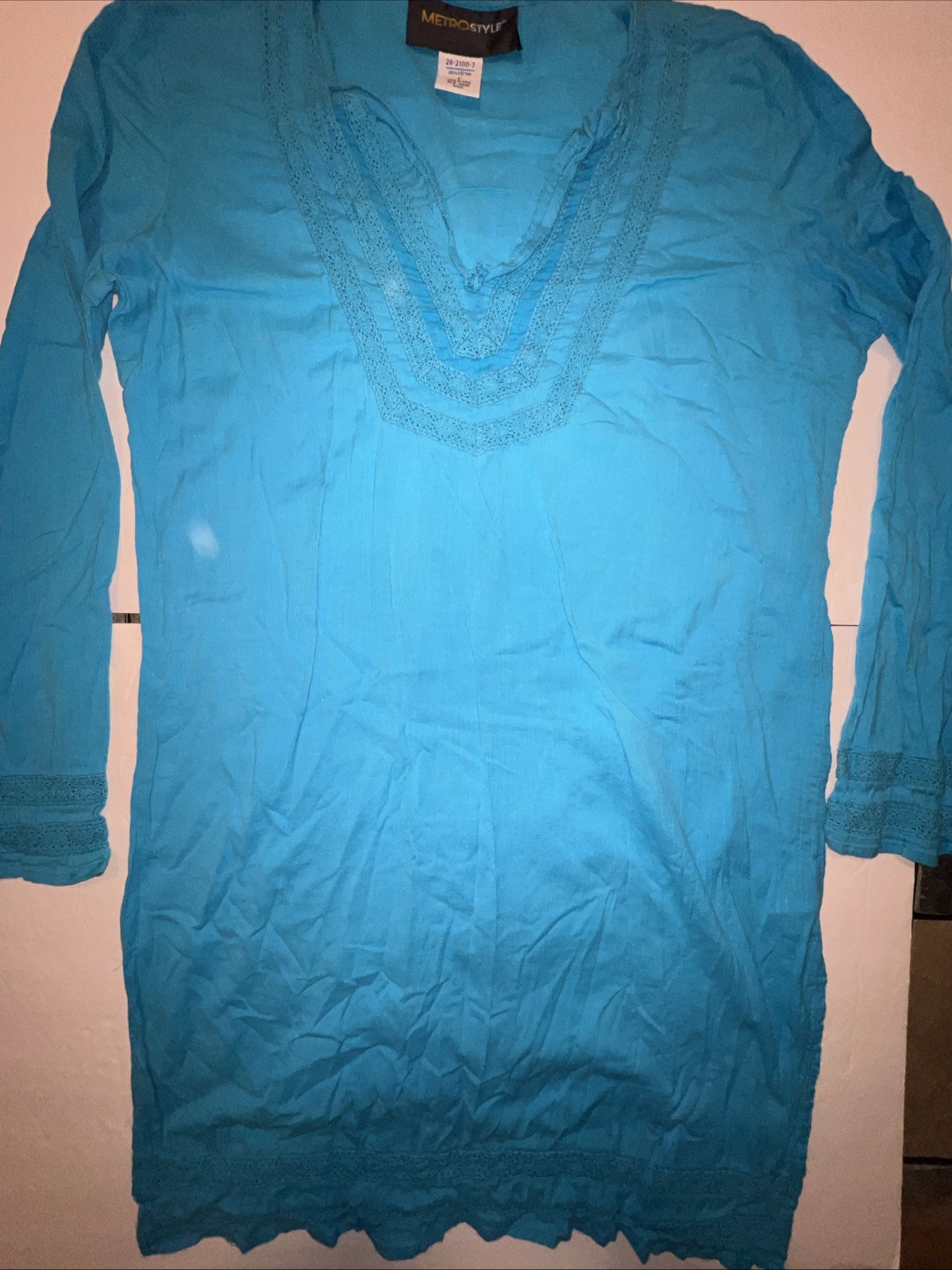 Metrostyle Dress Womens Large Blue 100% Cotton V Neck Casual A Line Embroidered