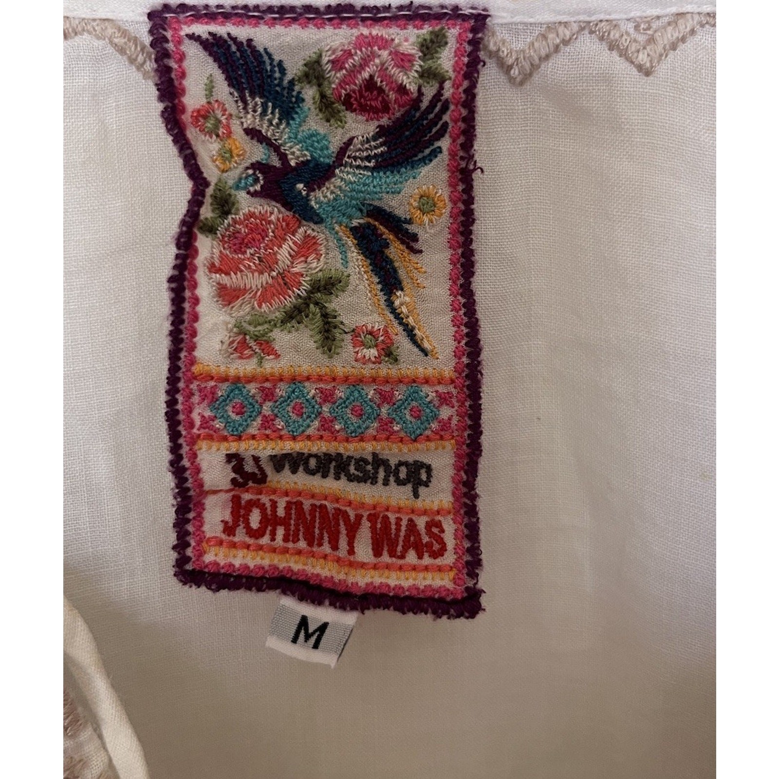 Johnny Was 3J Workshop White Blue Beige Embroidered Kaftan Dress Size Medium