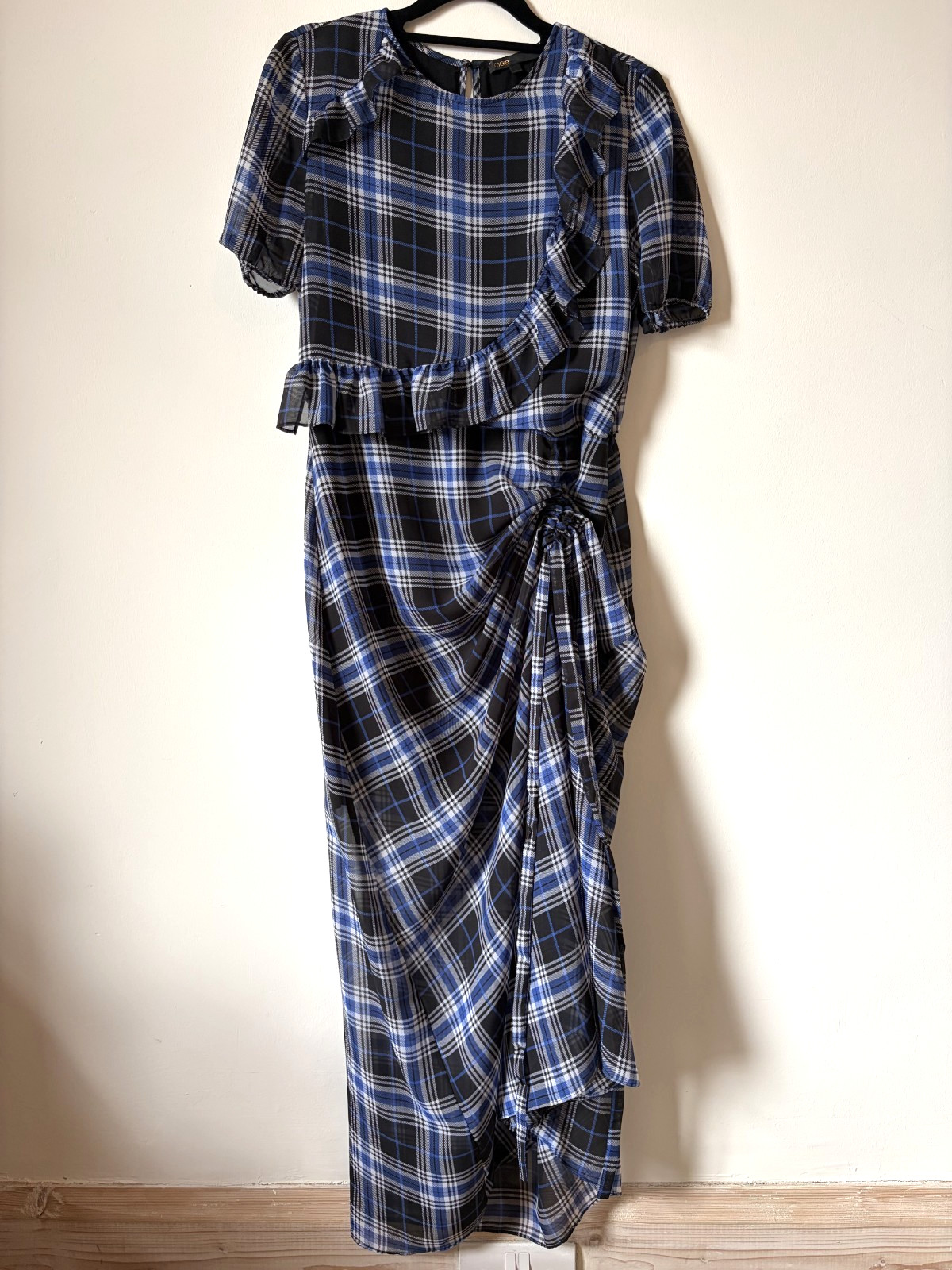 Maje Side-Ruched Plaid Tartan Blue and Navy Long Dress Ruffle UK size 10