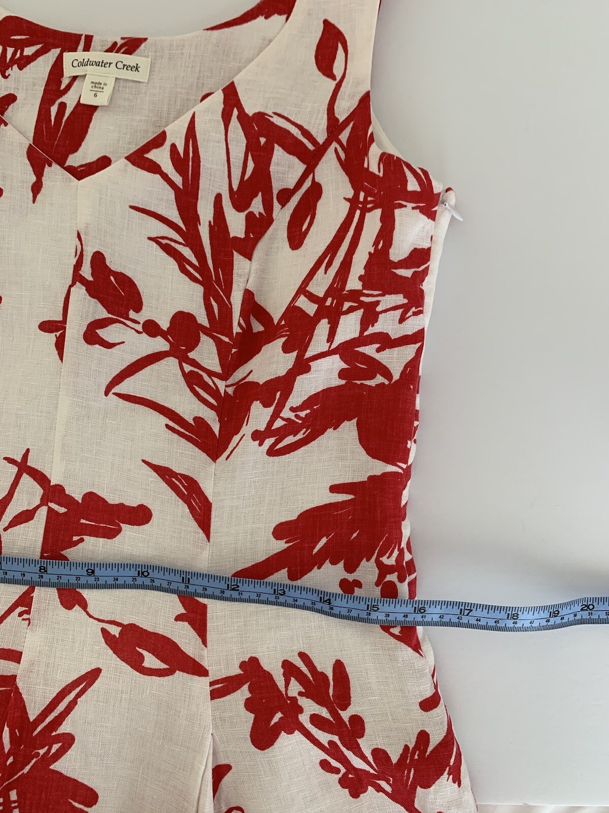 Coldwater Creek Linen Dress Size 6 Midi Red White Abstract Print V Neck Coastal