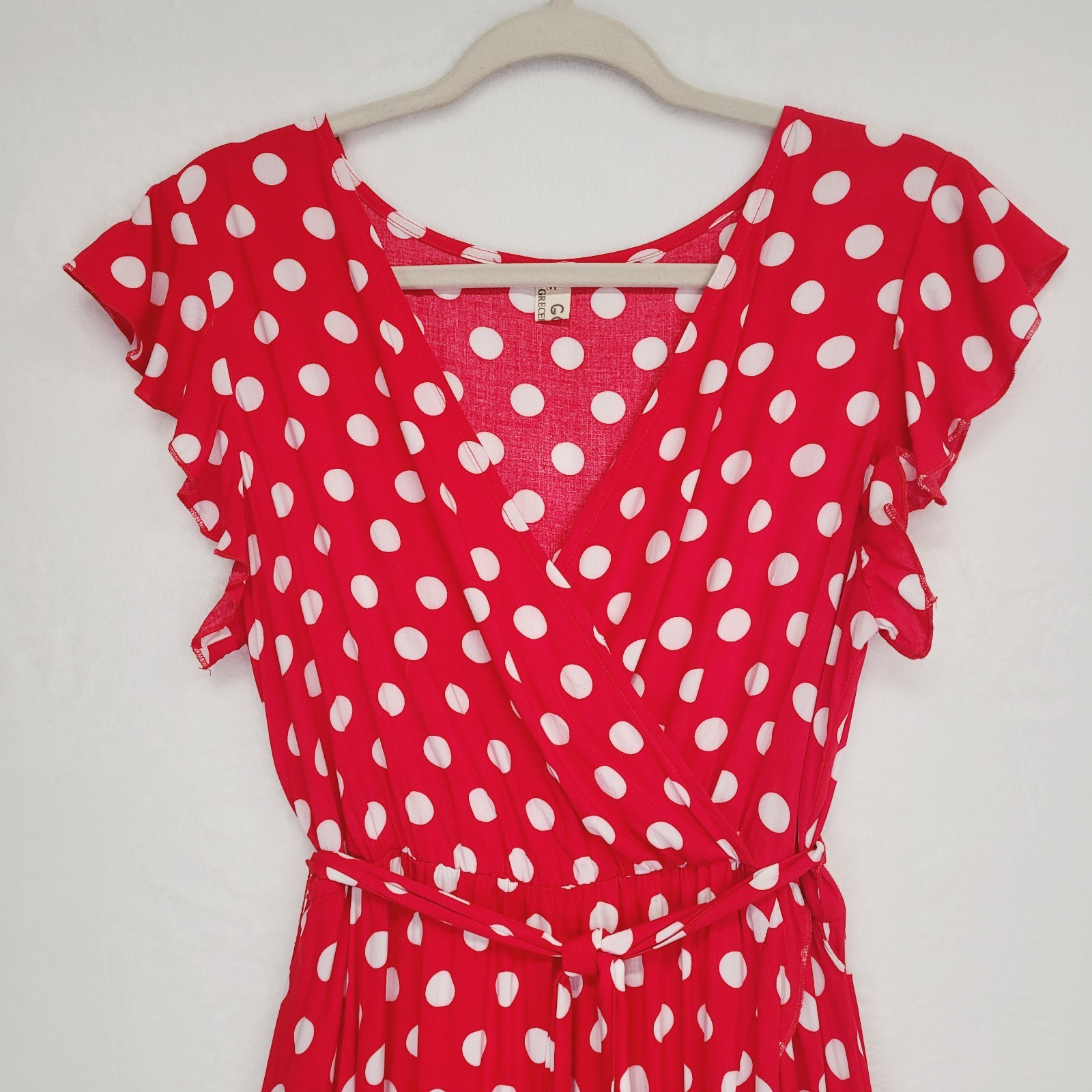 Red Polka Dot Faux Wrap Surplice Maxi Dress M Hi Low Ruffle Romantic Retro Femme