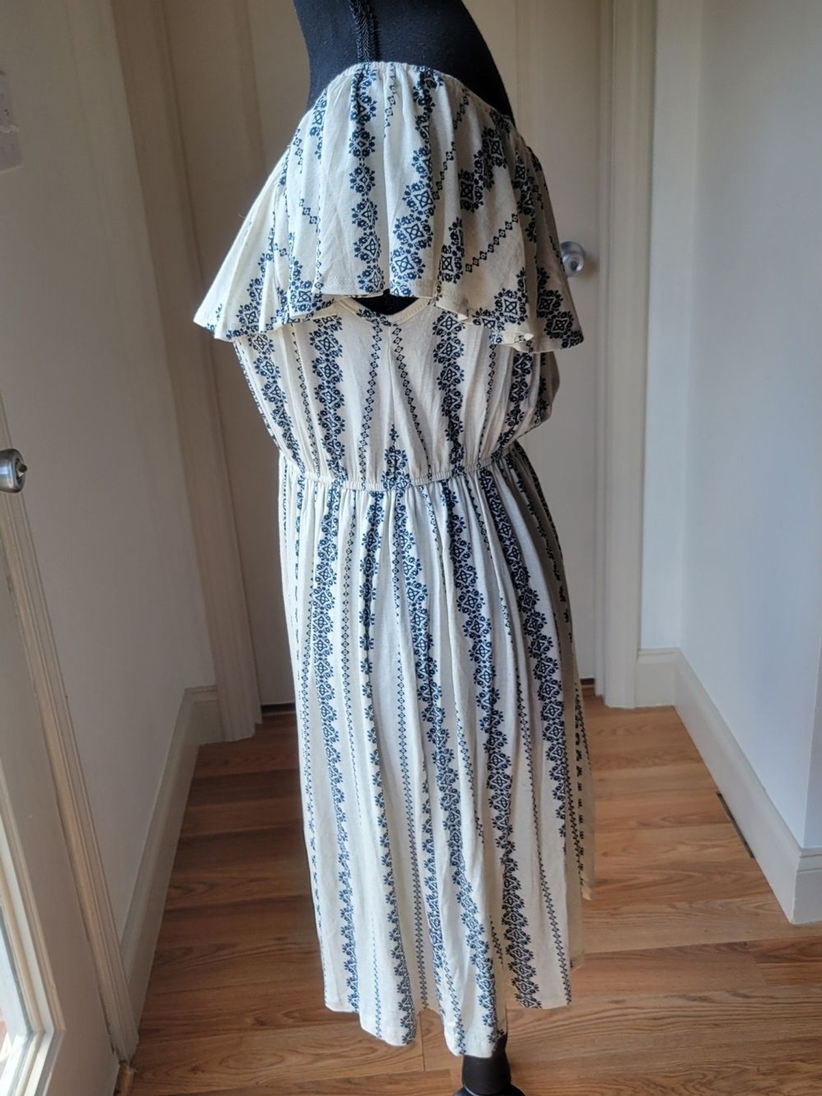 Hem & Thread Off the Shoulder Patterned Midi Dress Cream Blue Boho Size S