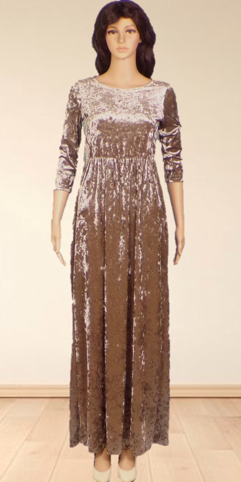 WANNA B size S silver/brown color-shift crushed-velvet 3/4-sleeve maxi dress