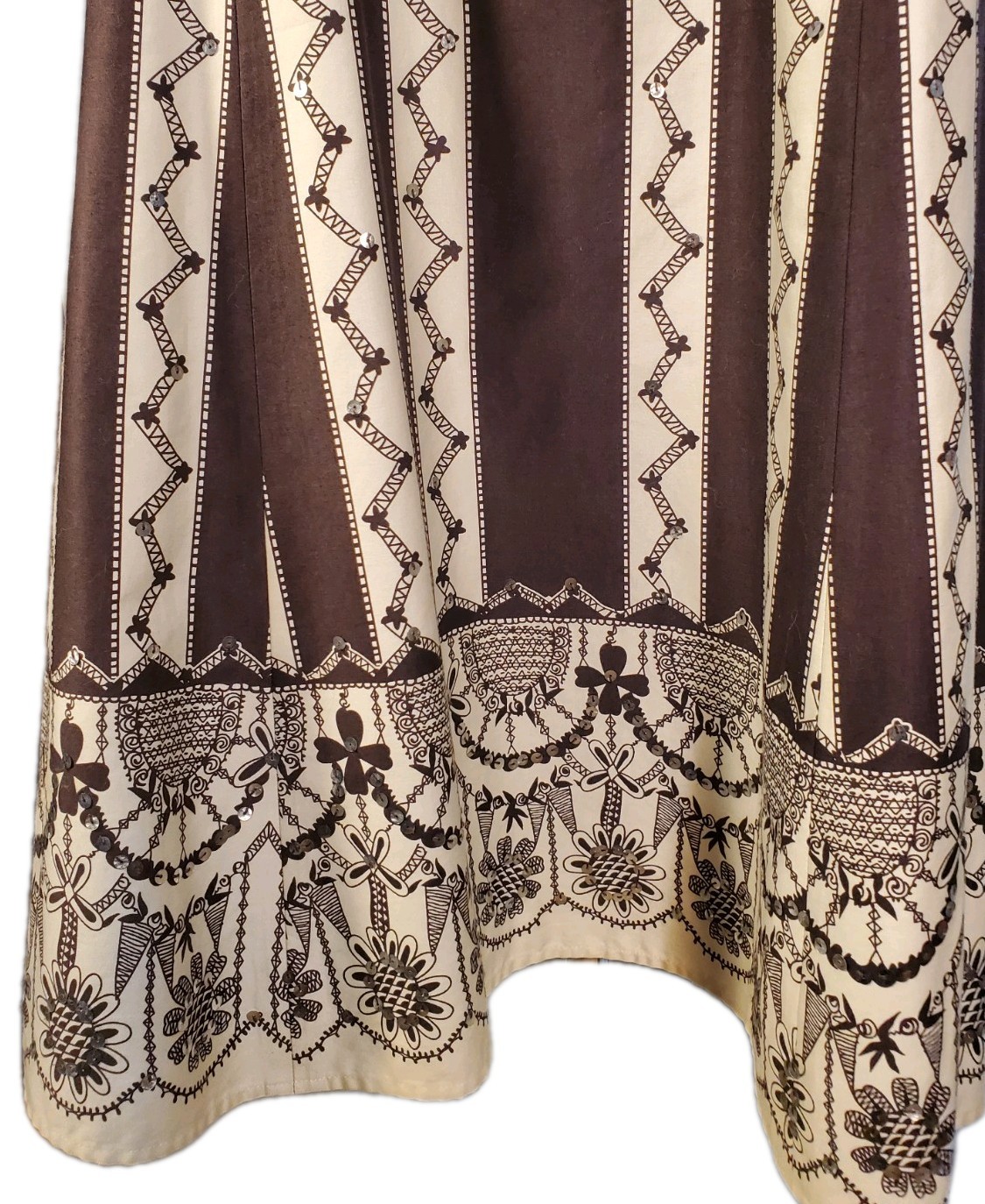 Strapless beige & brown vertical stripe intricate embroidery Sz 6 Ann Taylor