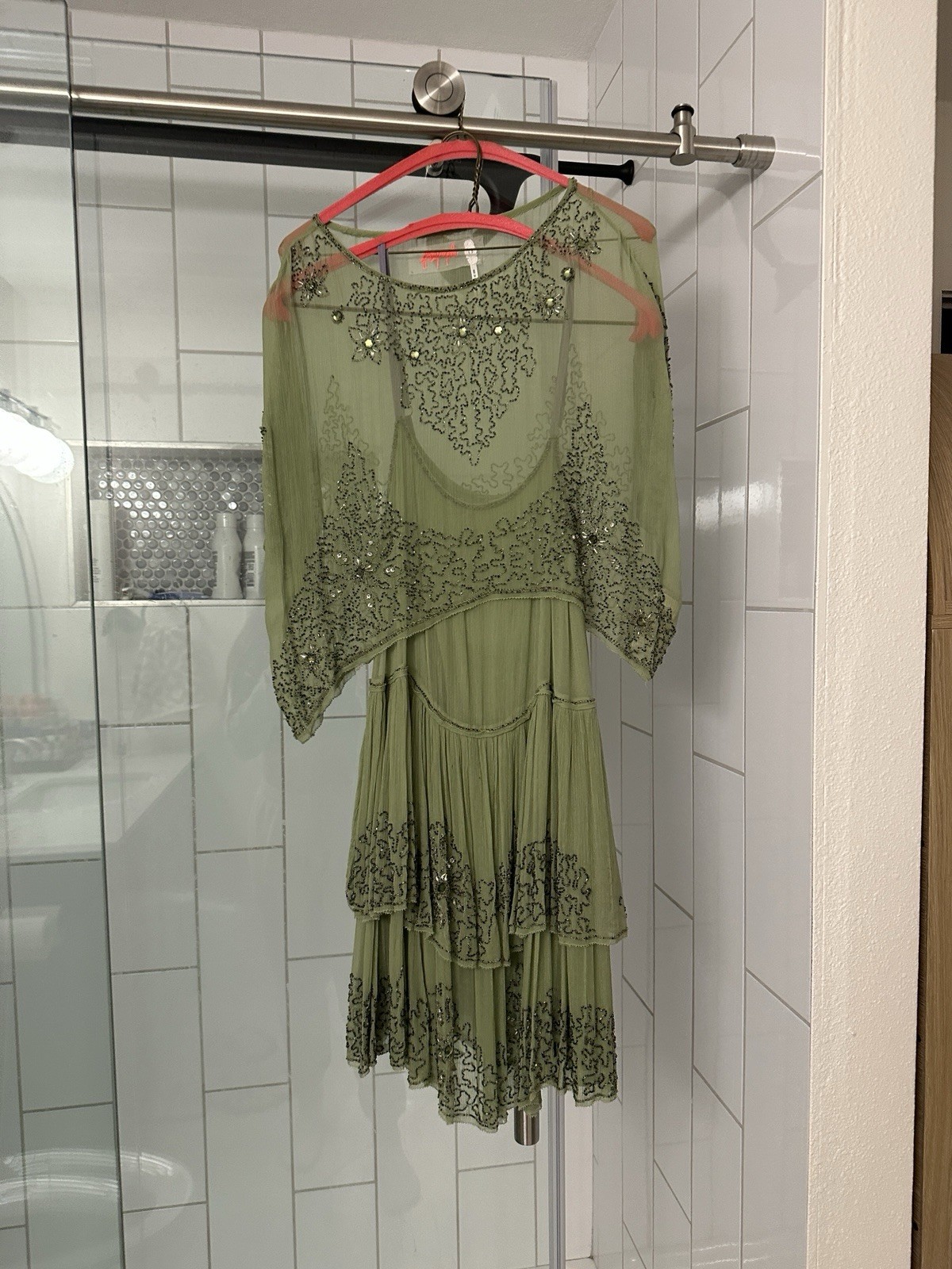 Free People Green Beaded Layered Sequin Chiffon Mini Dress XS Sleeveless