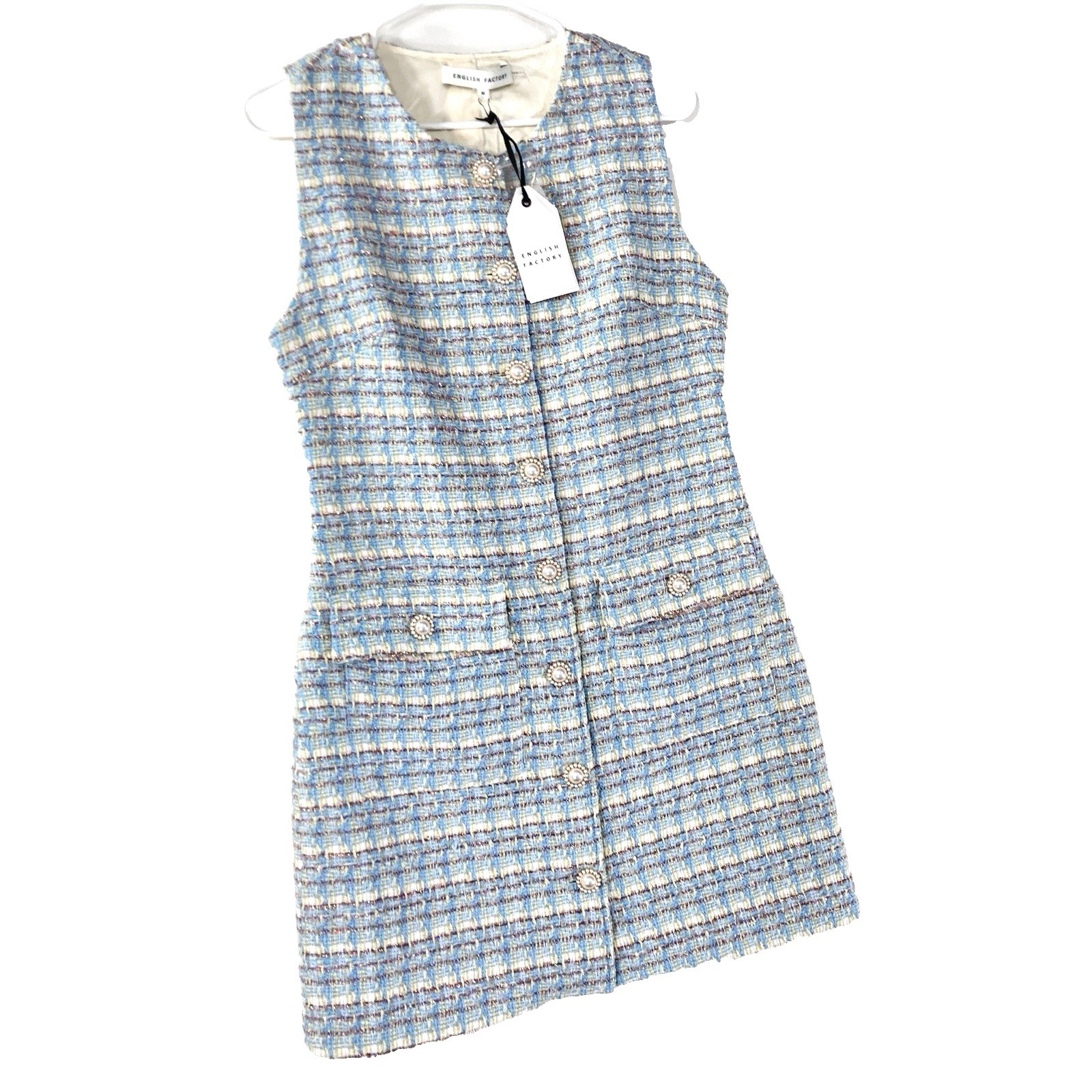 Euro Wool Tweed Pearl Button Front Woven Baby Blue Retro Dress Womens M NWT $140