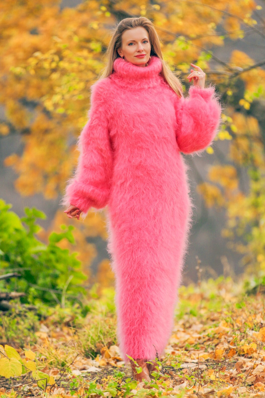 Fuzzy pink long mohair dress designer warm fluffy hand knit gown SuperTanya L-XL