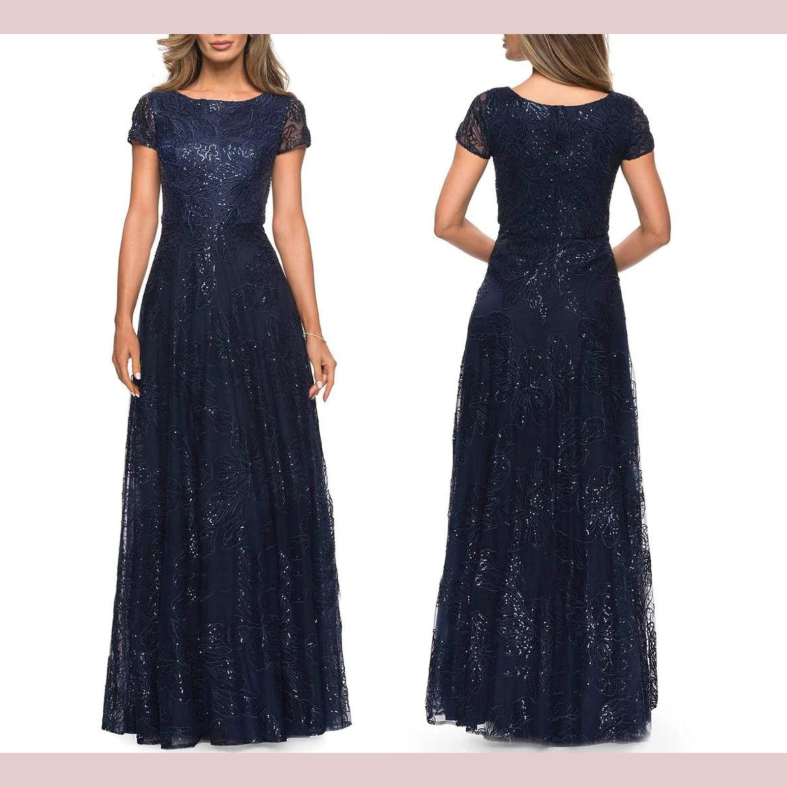 NWT $498 La Femme [ 2 ] Sequined Lace Bateau A-line Dress Navy 27837 #Q936