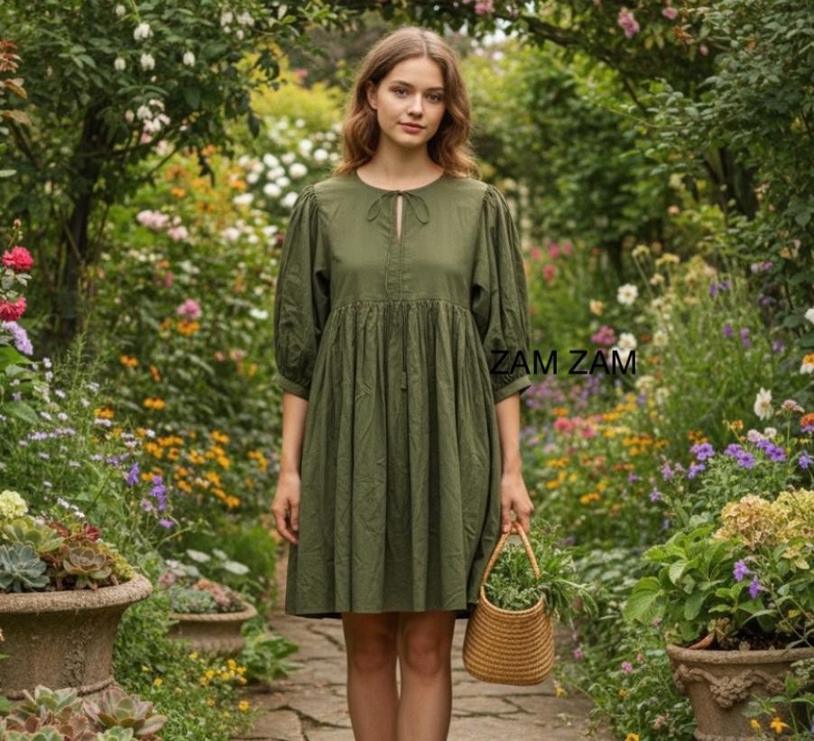 Solid Color Cotton Dress | Comfortable Daily Wear Short Dress