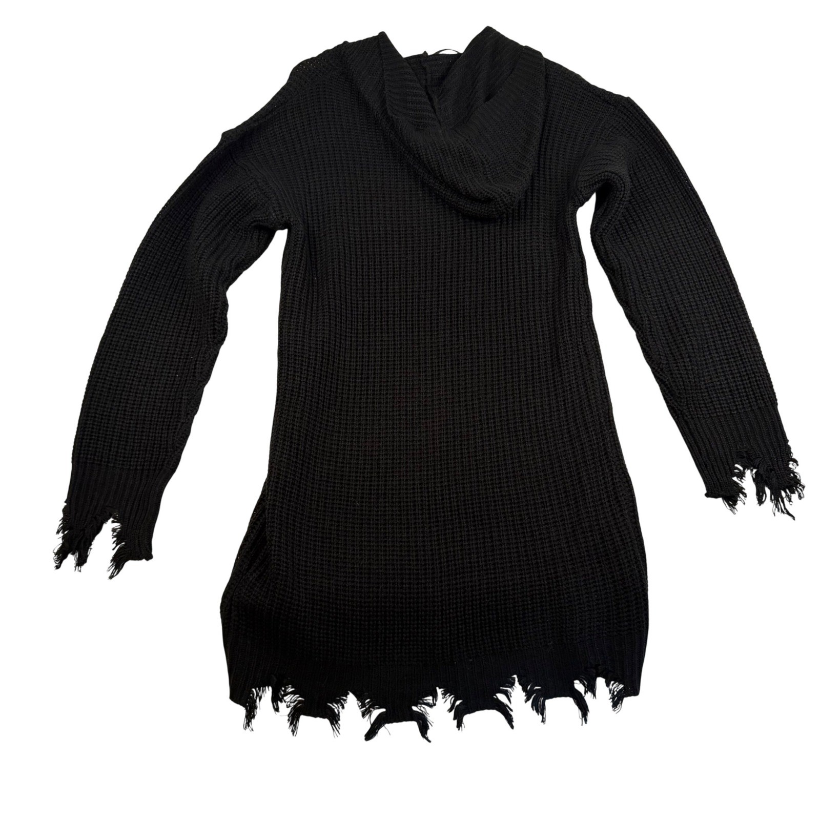 No Comment Black Waffle Knit Distressed Hooded Sweater Dress Large NEW