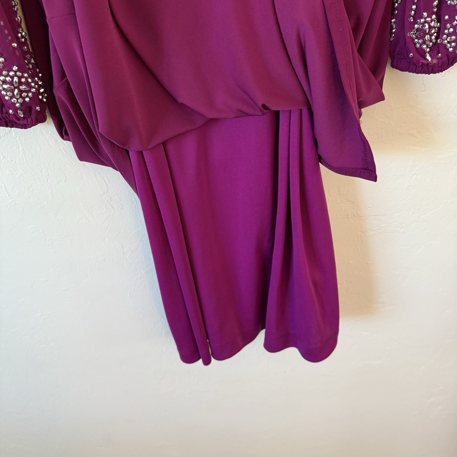 VTG Marina Rouched Knee Length Beaded Trim Dress Women’s 10 Sheer Sleeves READ