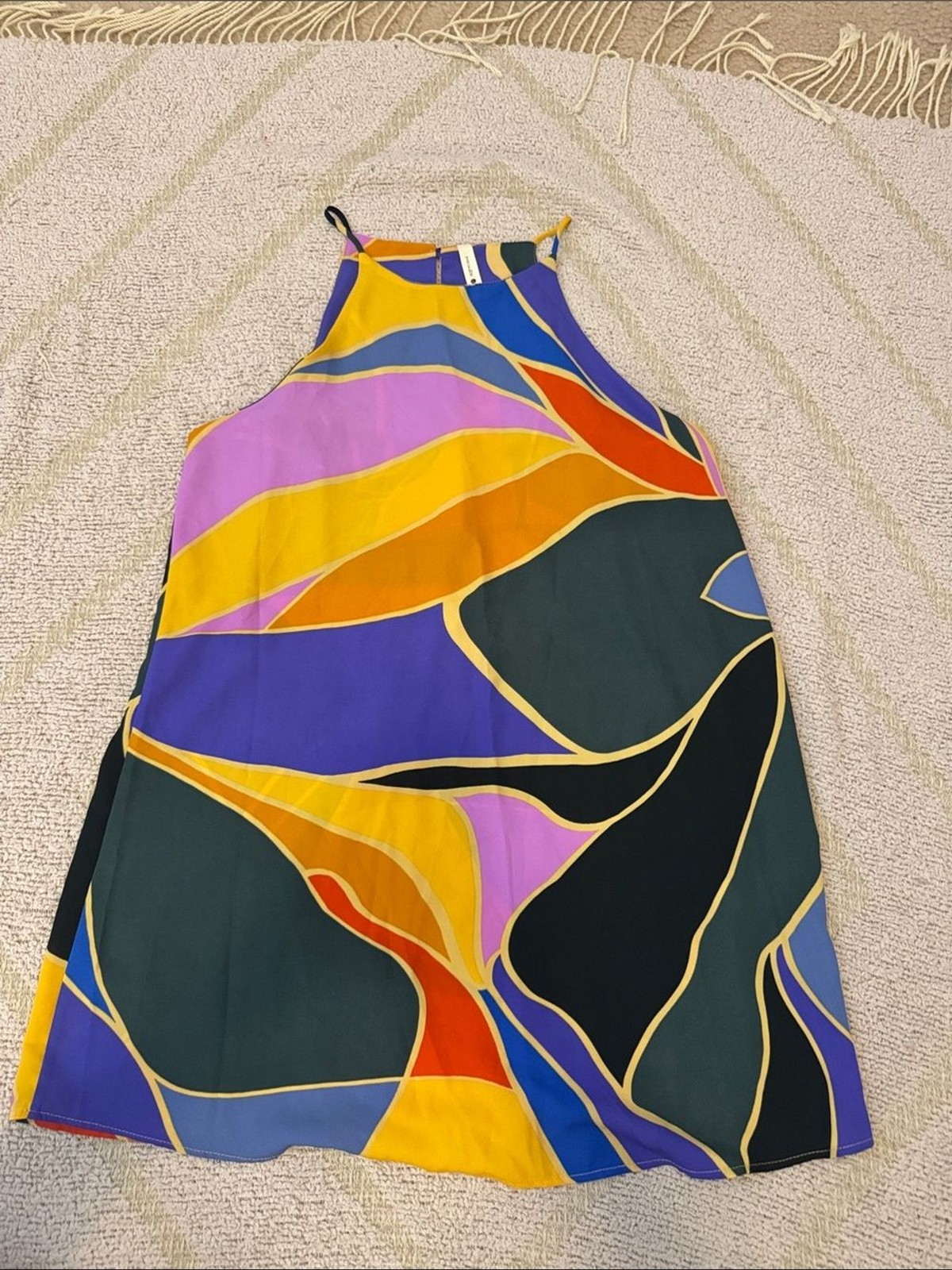 Tyche Women’s Lg Multicolor Abstract Print Sleeveless Shift Dress halter Neck