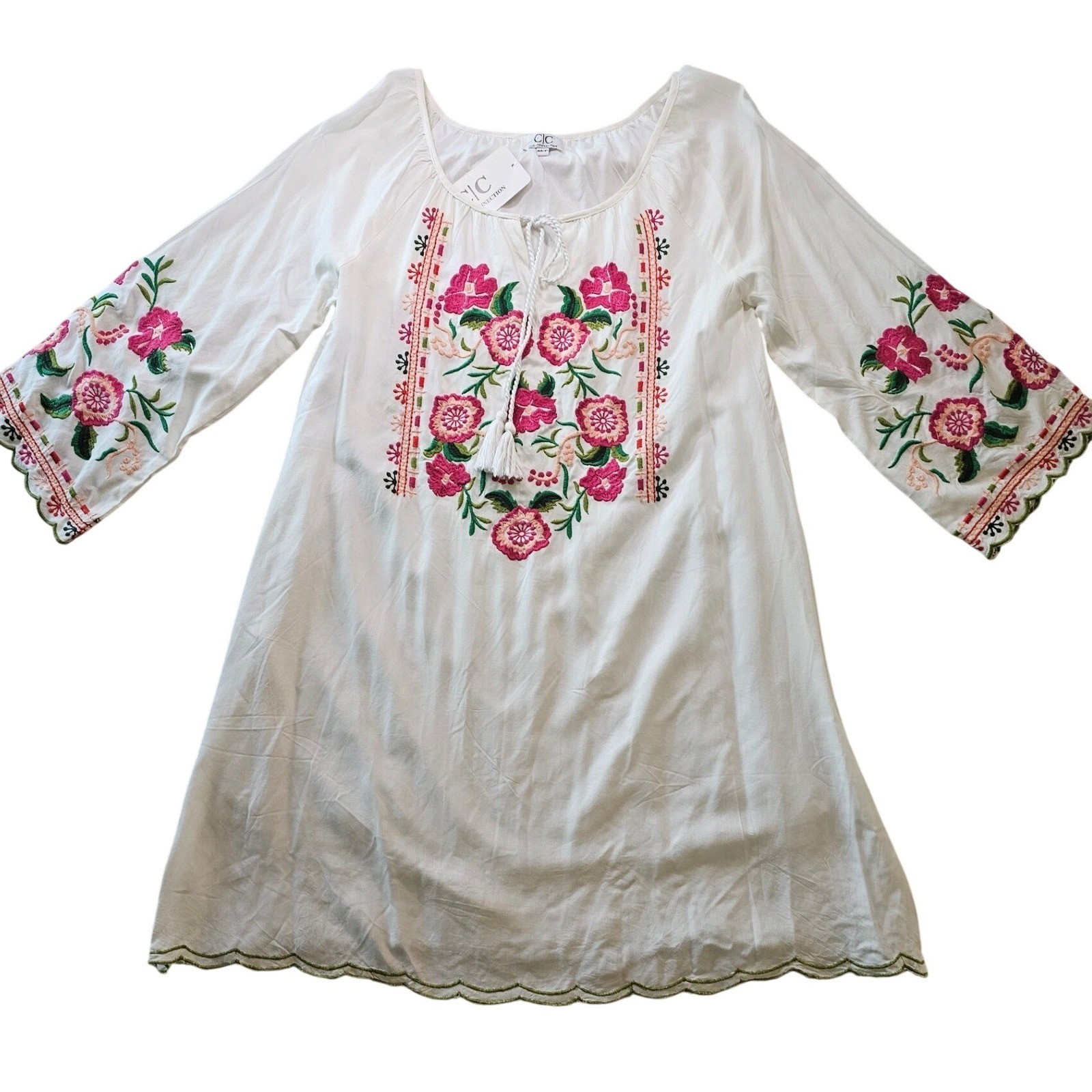 Chic Connection White Floral Embroidered Peasant Dress Tassel Tie Summer Small