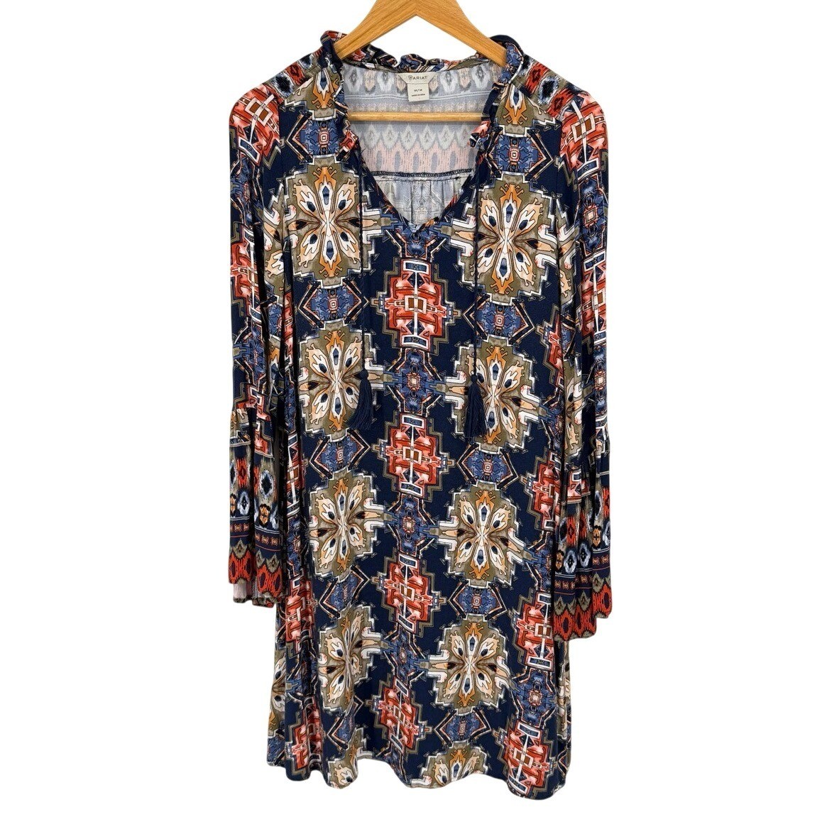 Ariat Womens Medium Dress Western Boho Tassel Tie V-Neck Long Bell Sleeve