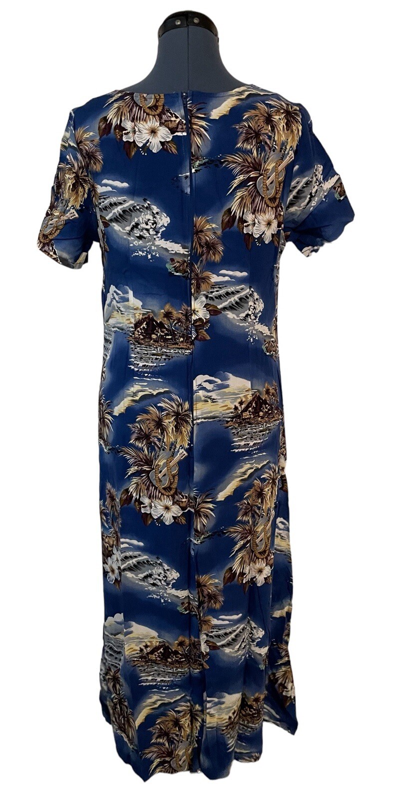 VTG Hilo Hattie Womens Blue Brown Palms Hawaiian Short Sleeve Maxi Dress Beach M