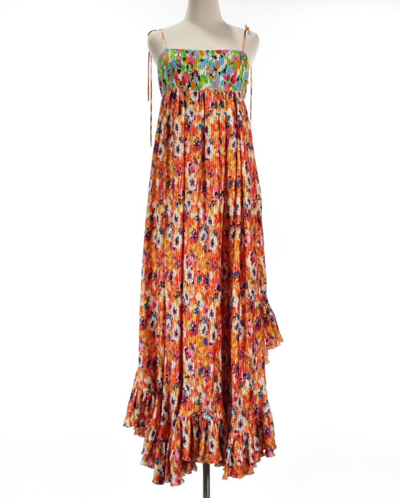 MSGM NWT Floral Pleated Ruffle Maxi Dress Size 42 US 8 in Orange/Multicolor