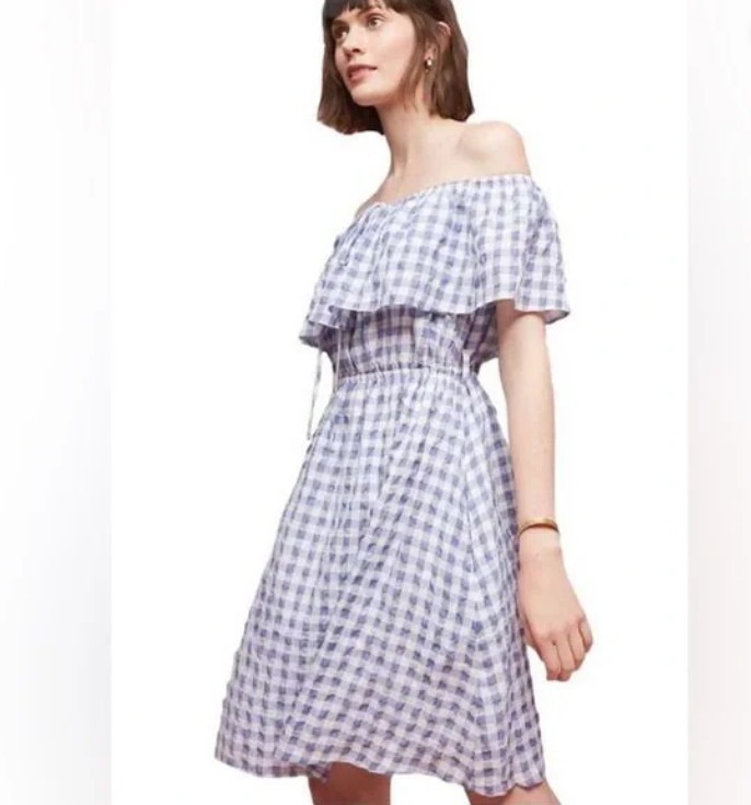 Anthropologie 11-1 Tylho Off-The-Shoulder Dress Gingham Blue SZ Petite LG NWT