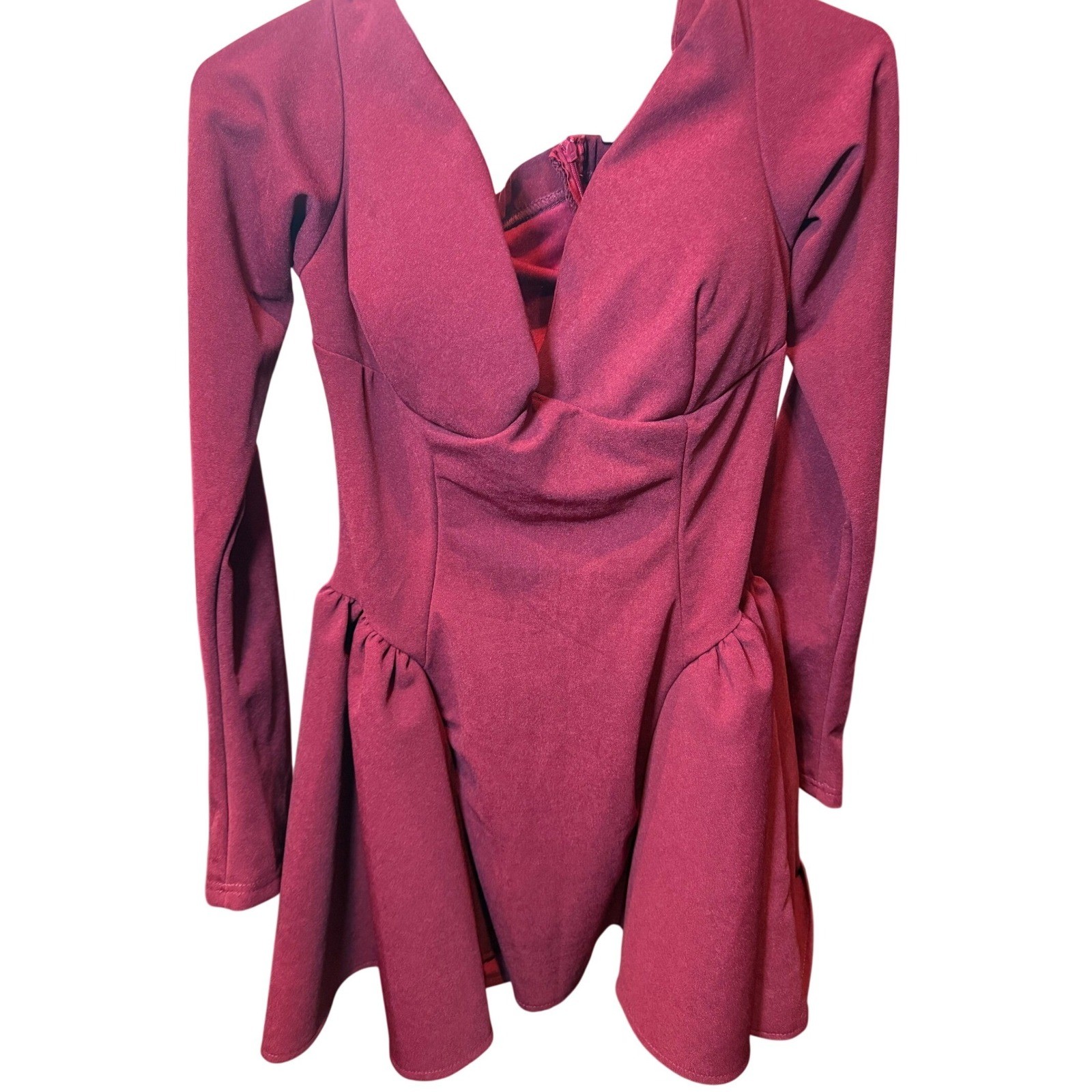 Burgundy Long Sleeve Deep V-Neck Padded Mini Dress Flare Skirt Burgundy Women L